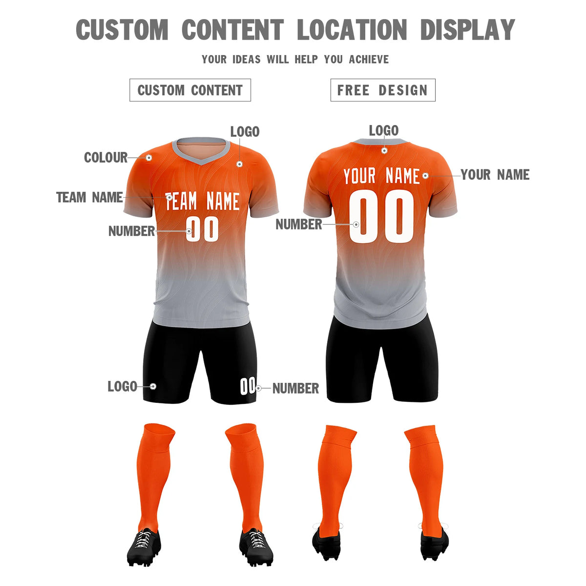 Custom Orange Gray Printing Sportswear Soccer Sets Jersey