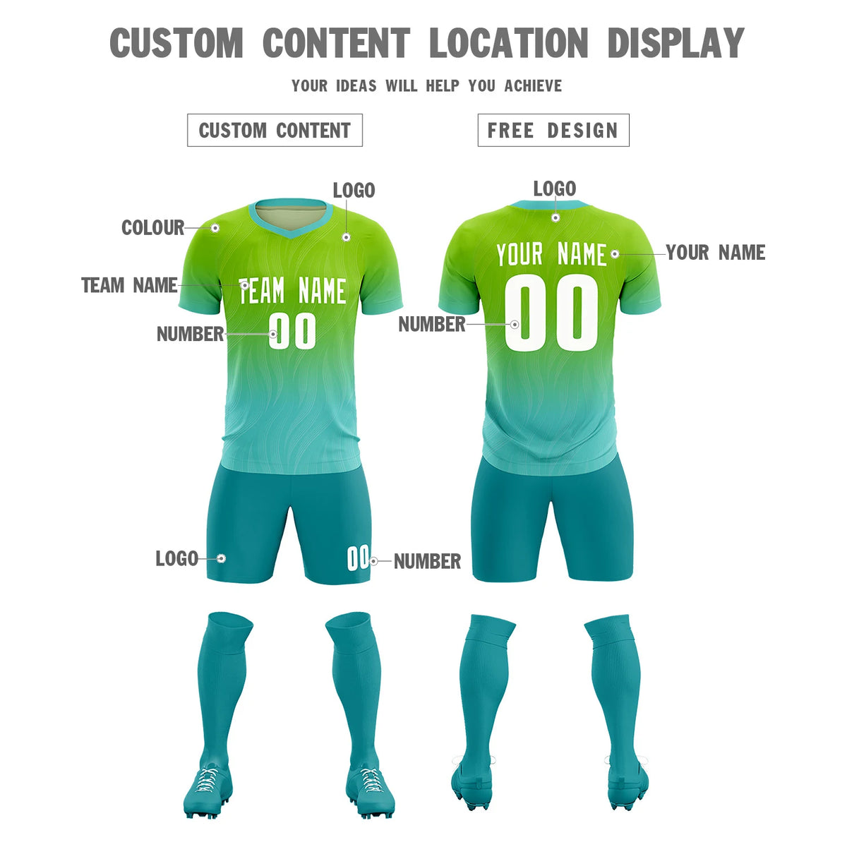 Custom Neon Green Aqua Printing Sportswear Soccer Sets Jersey