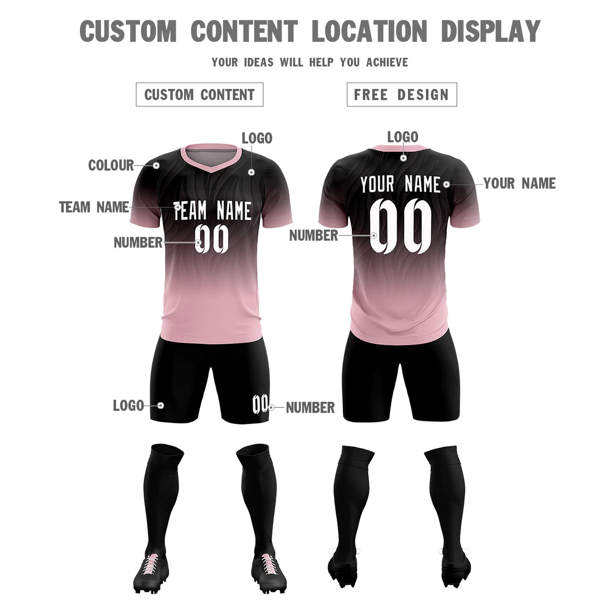 Custom Black Light Pink Printing Sportswear Soccer Sets Jersey