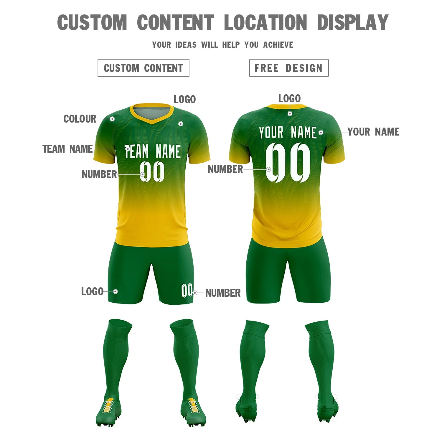 Custom Kelly Green Gold01 Printing Sportswear Soccer Sets Jersey