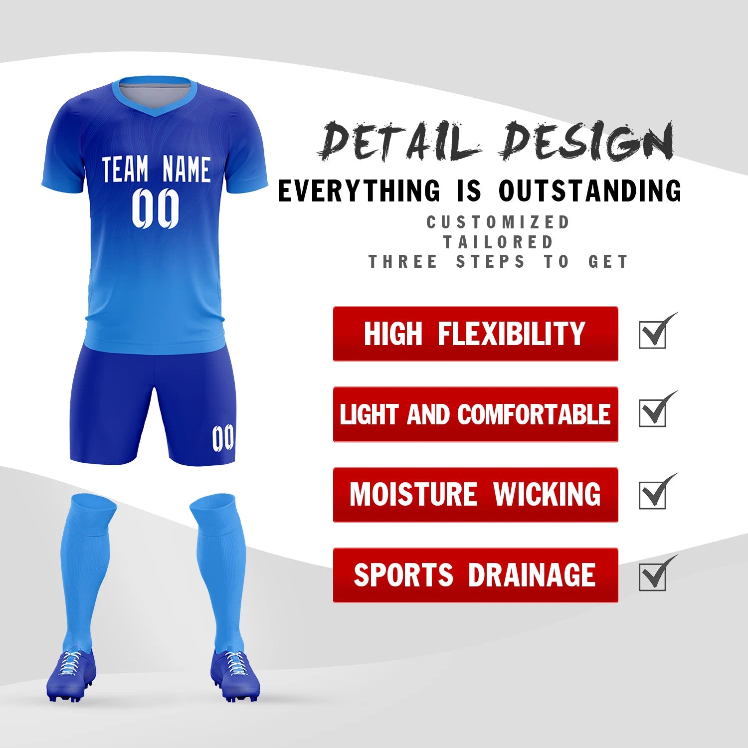 Custom Royal Blue Powder Blue Printing Sportswear Soccer Sets Jersey