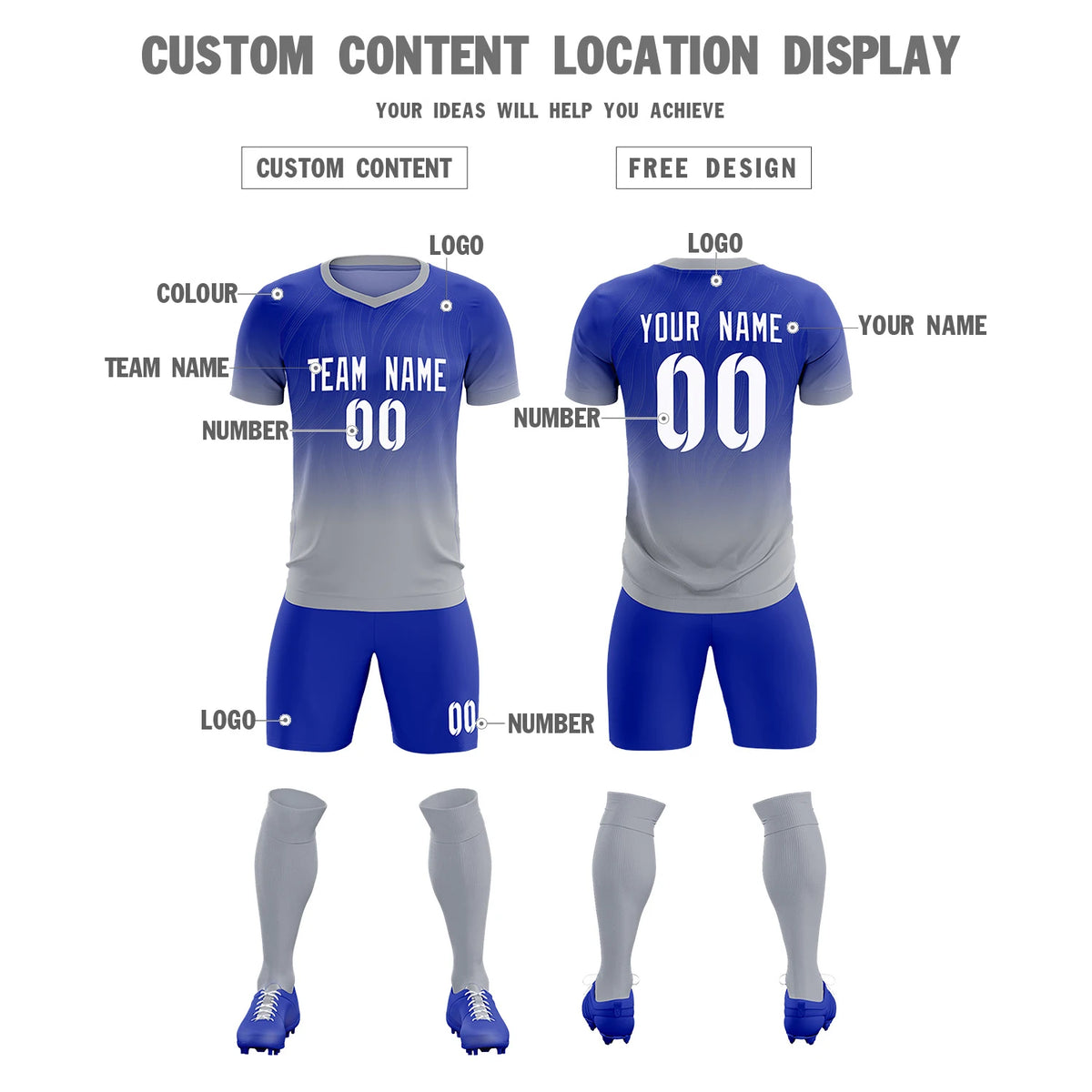 Custom Royal Blue Gray Printing Sportswear Soccer Sets Jersey