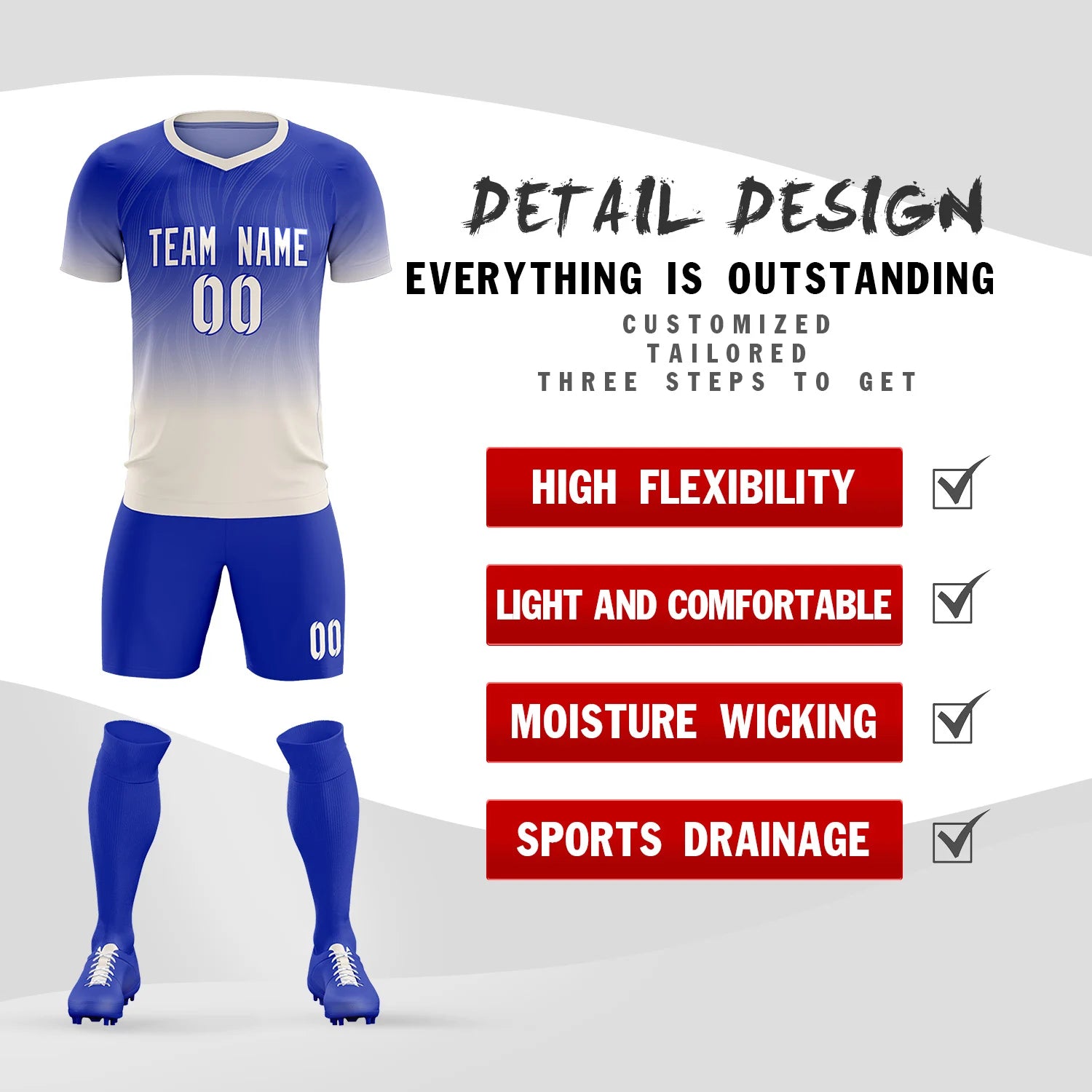 Custom Royal Blue Khaki Printing Sportswear Soccer Sets Jersey