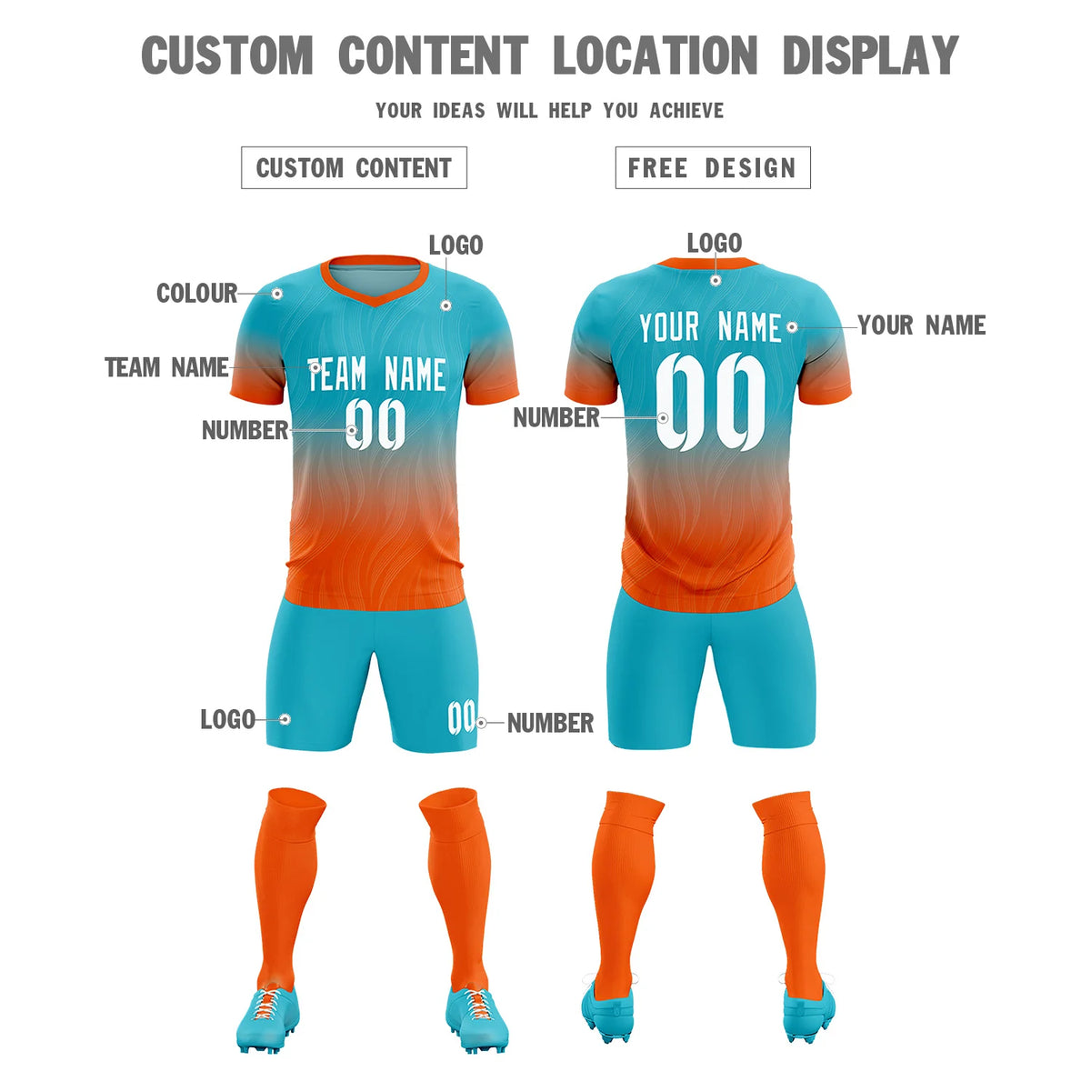 Custom SKy Blue Orange Printing Sportswear Soccer Sets Jersey