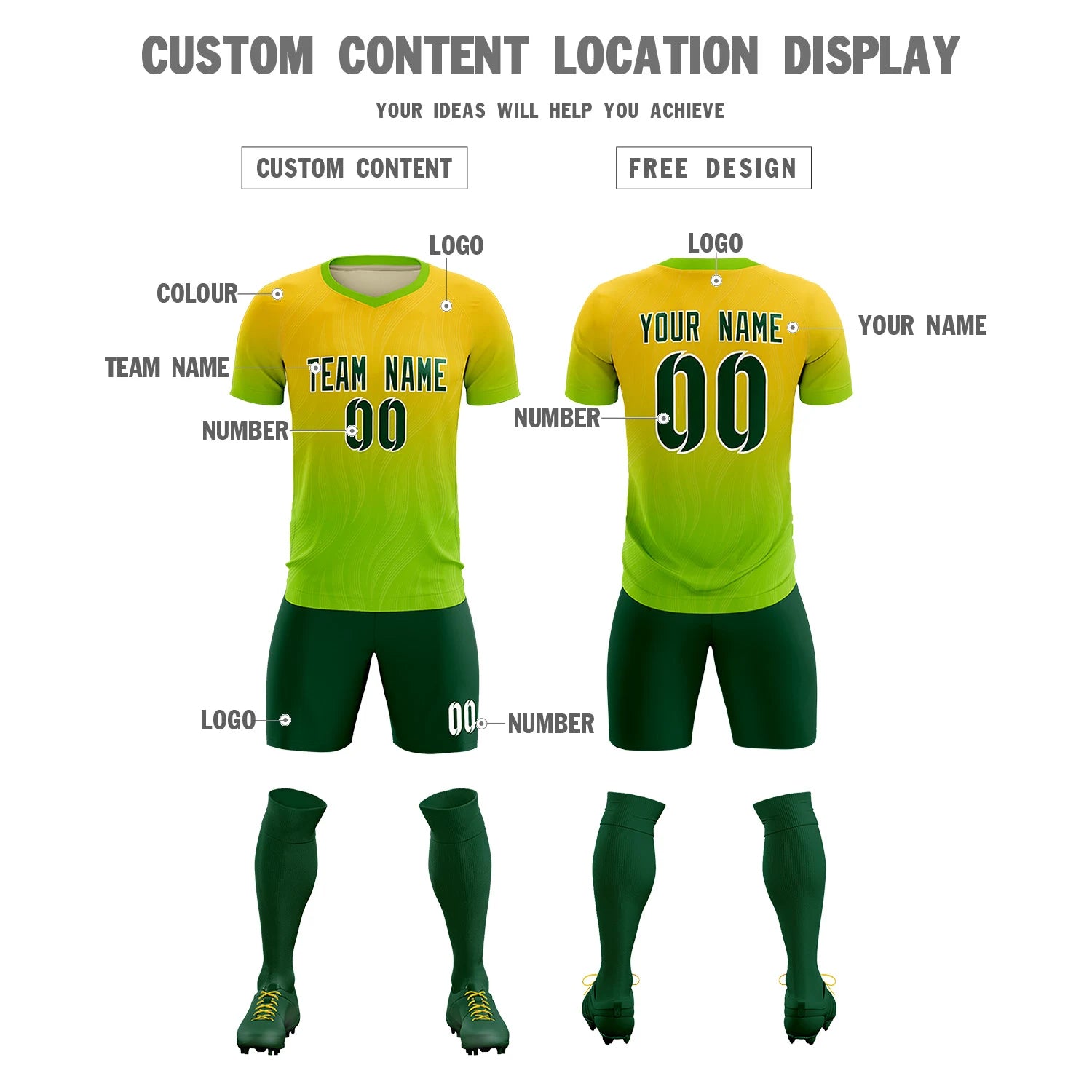 Custom Gold01 Neon Green Printing Sportswear Soccer Sets Jersey