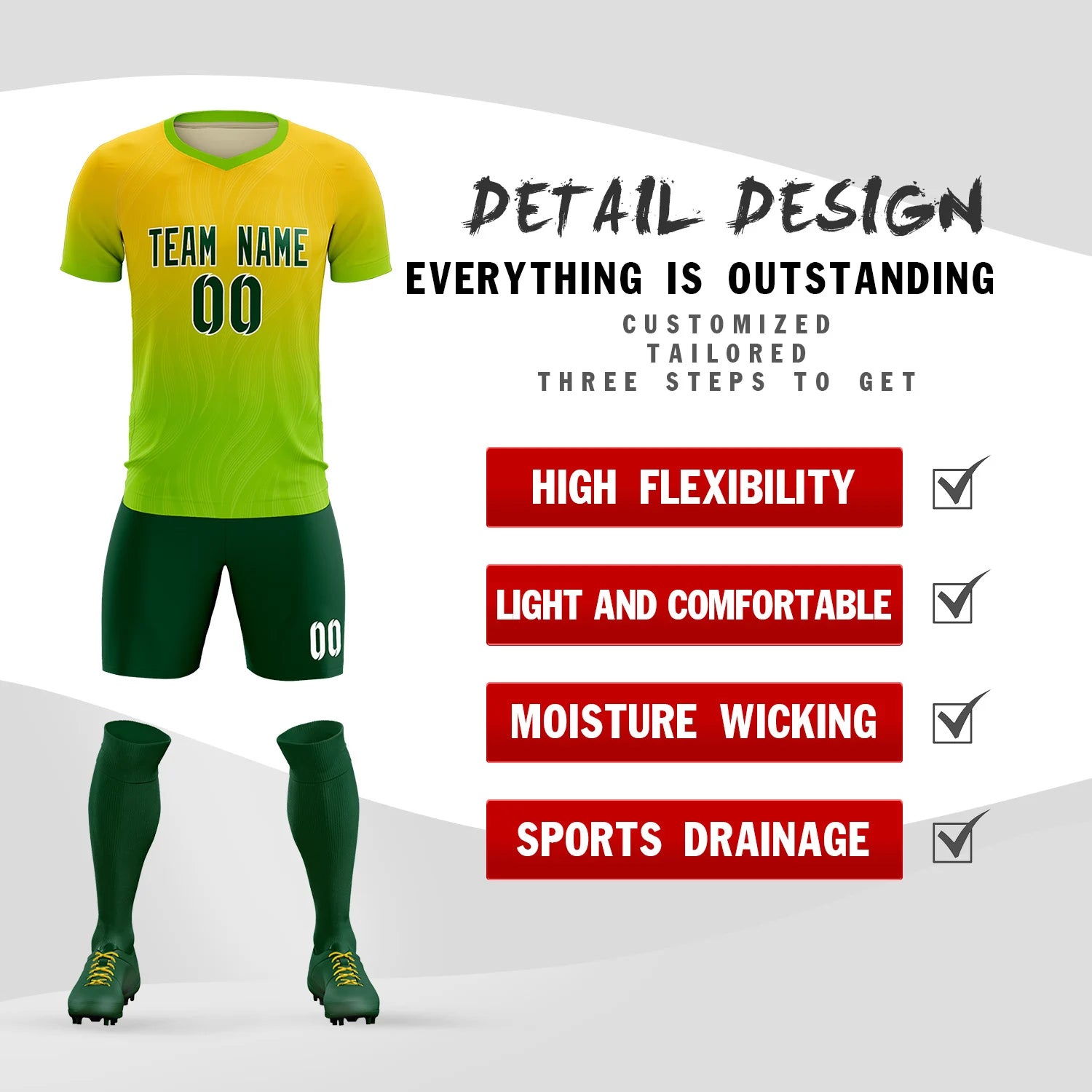 Custom Gold01 Neon Green Printing Sportswear Soccer Sets Jersey