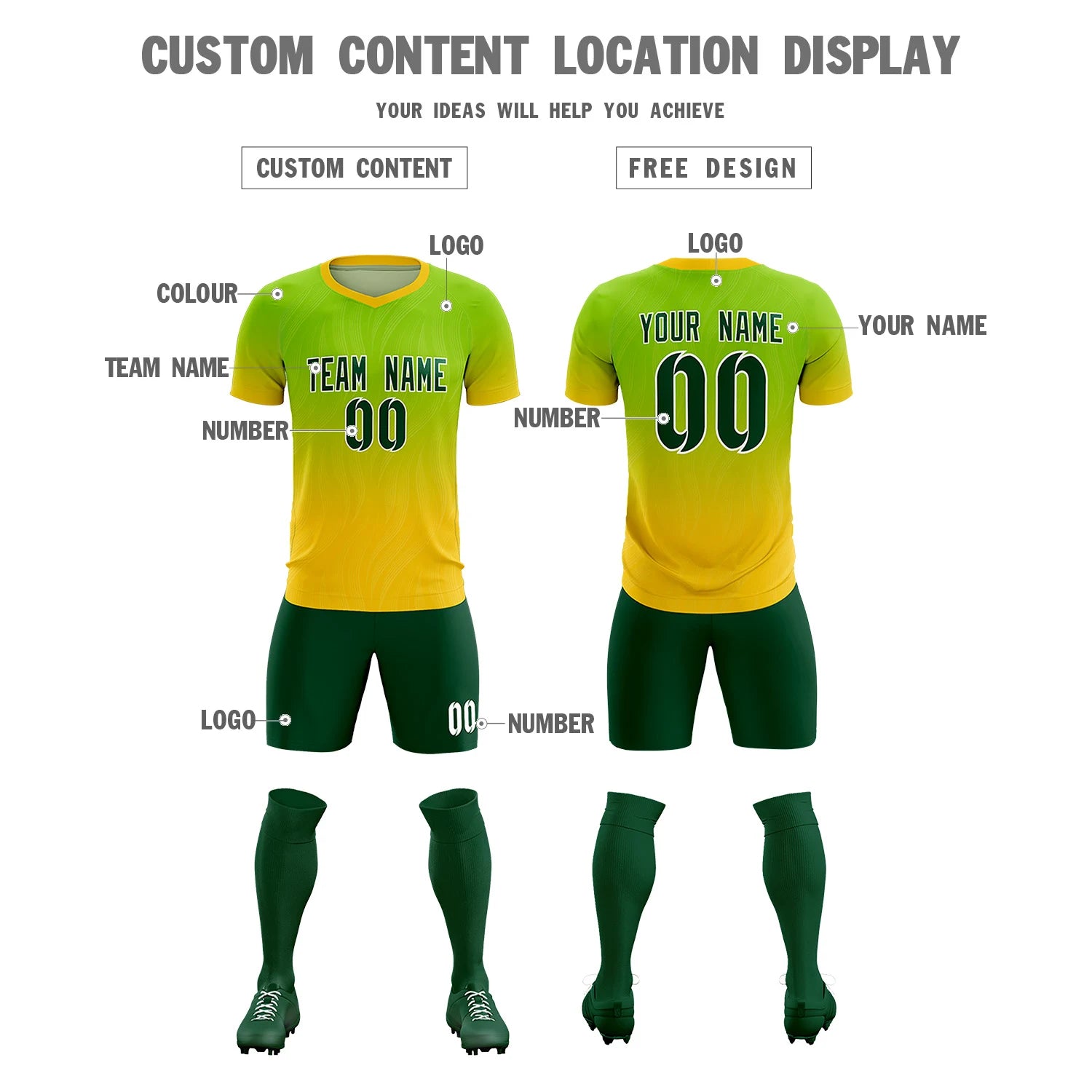 Custom Neon Green Gold01 Printing Sportswear Soccer Sets Jersey