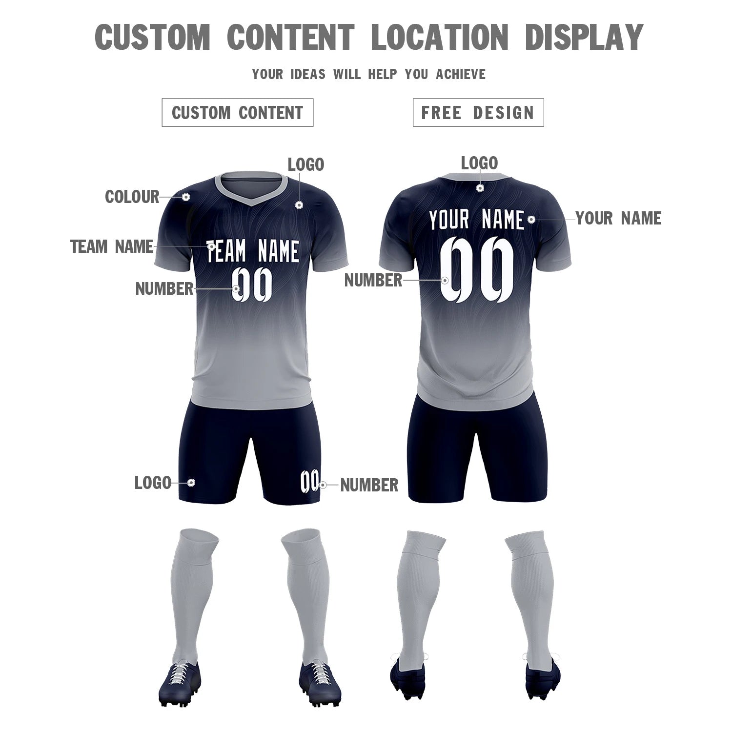 Custom Navy Gray Printing Sportswear Soccer Sets Jersey
