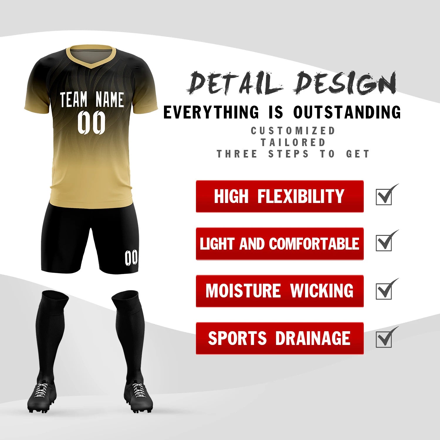 Custom Black Khaki Printing Sportswear Soccer Sets Jersey