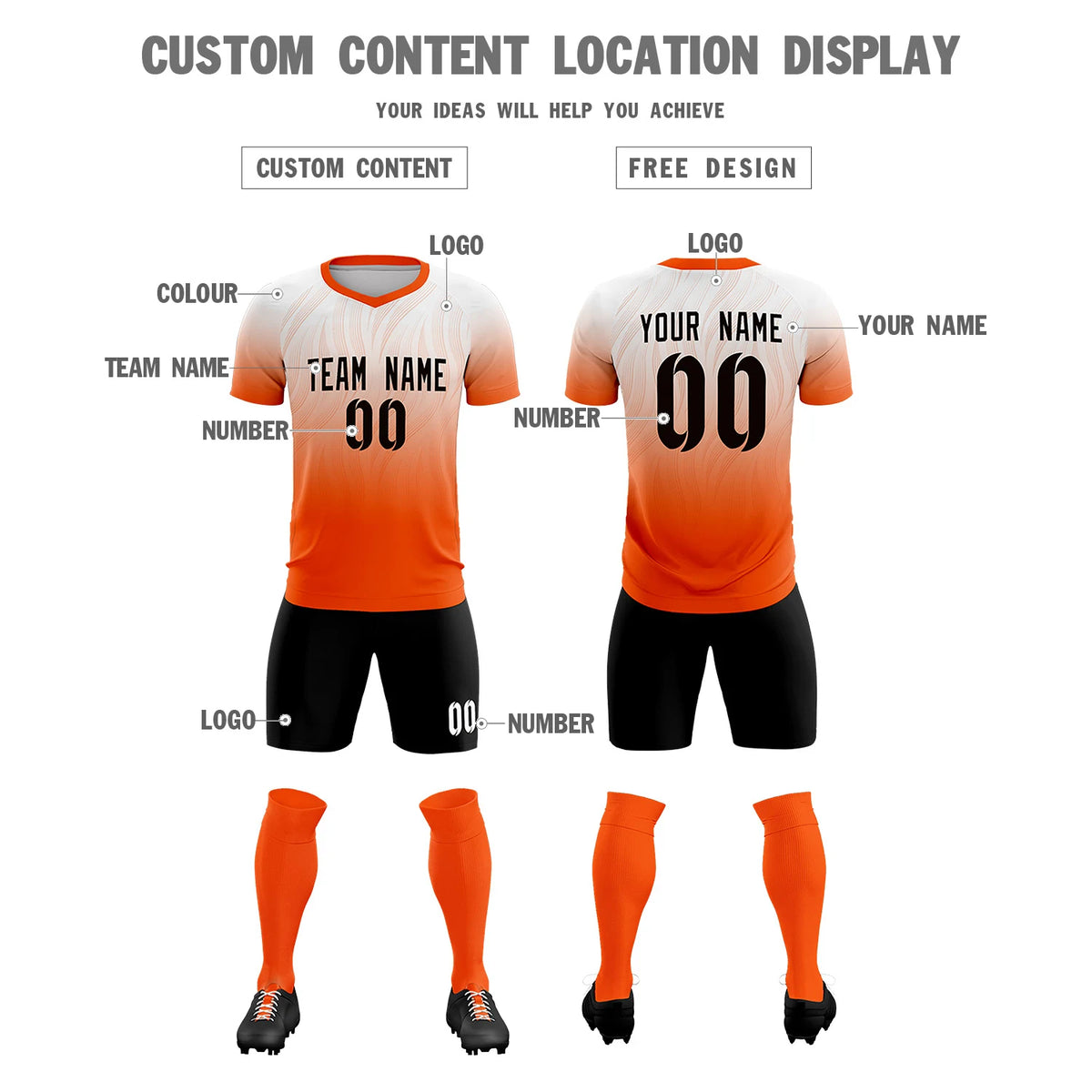 Custom White Orange Printing Sportswear Soccer Sets Jersey