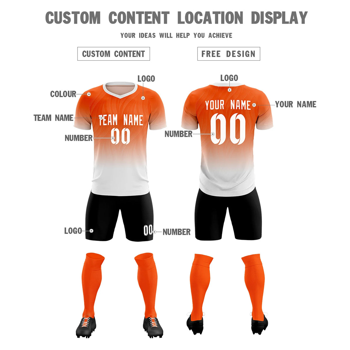 Custom Orange White Printing Sportswear Soccer Sets Jersey