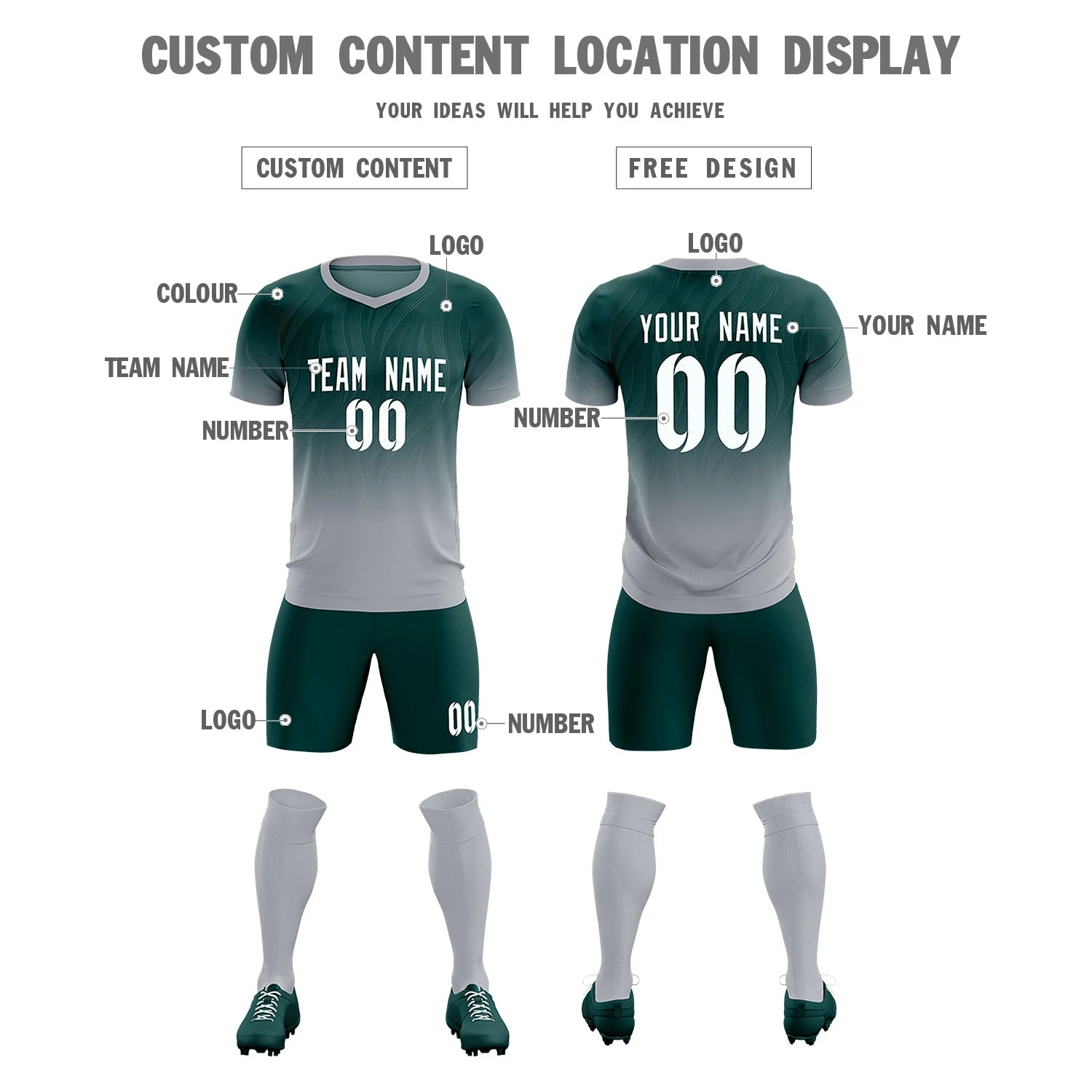 Custom Midnight Green Gray Printing Sportswear Soccer Sets Jersey