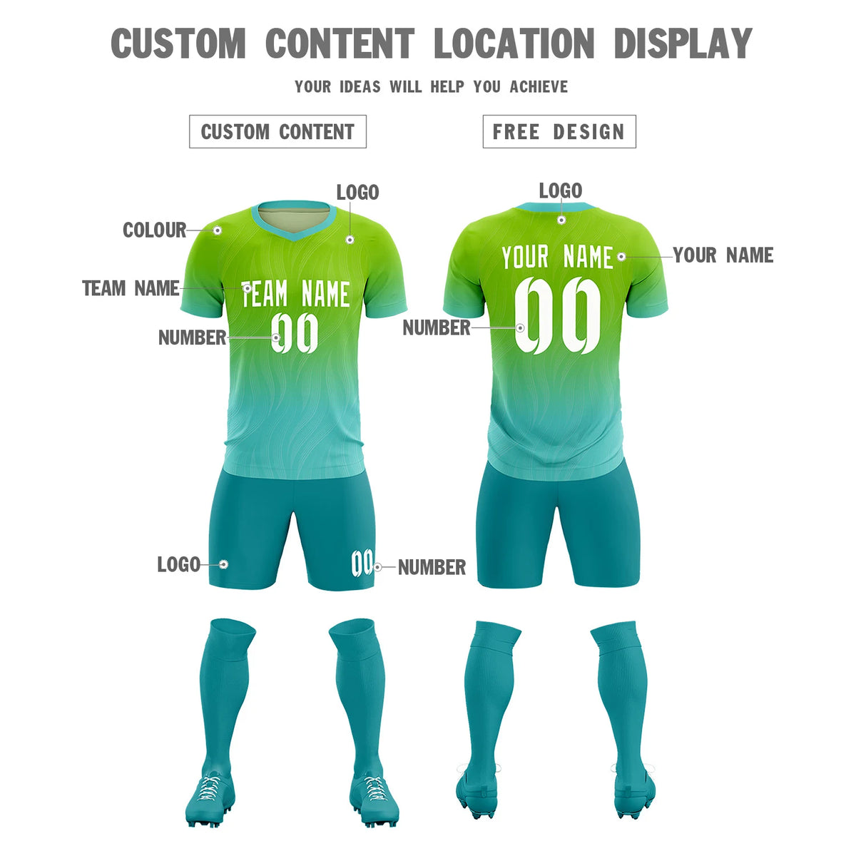 Custom Neon Green Aqua Printing Sportswear Soccer Sets Jersey
