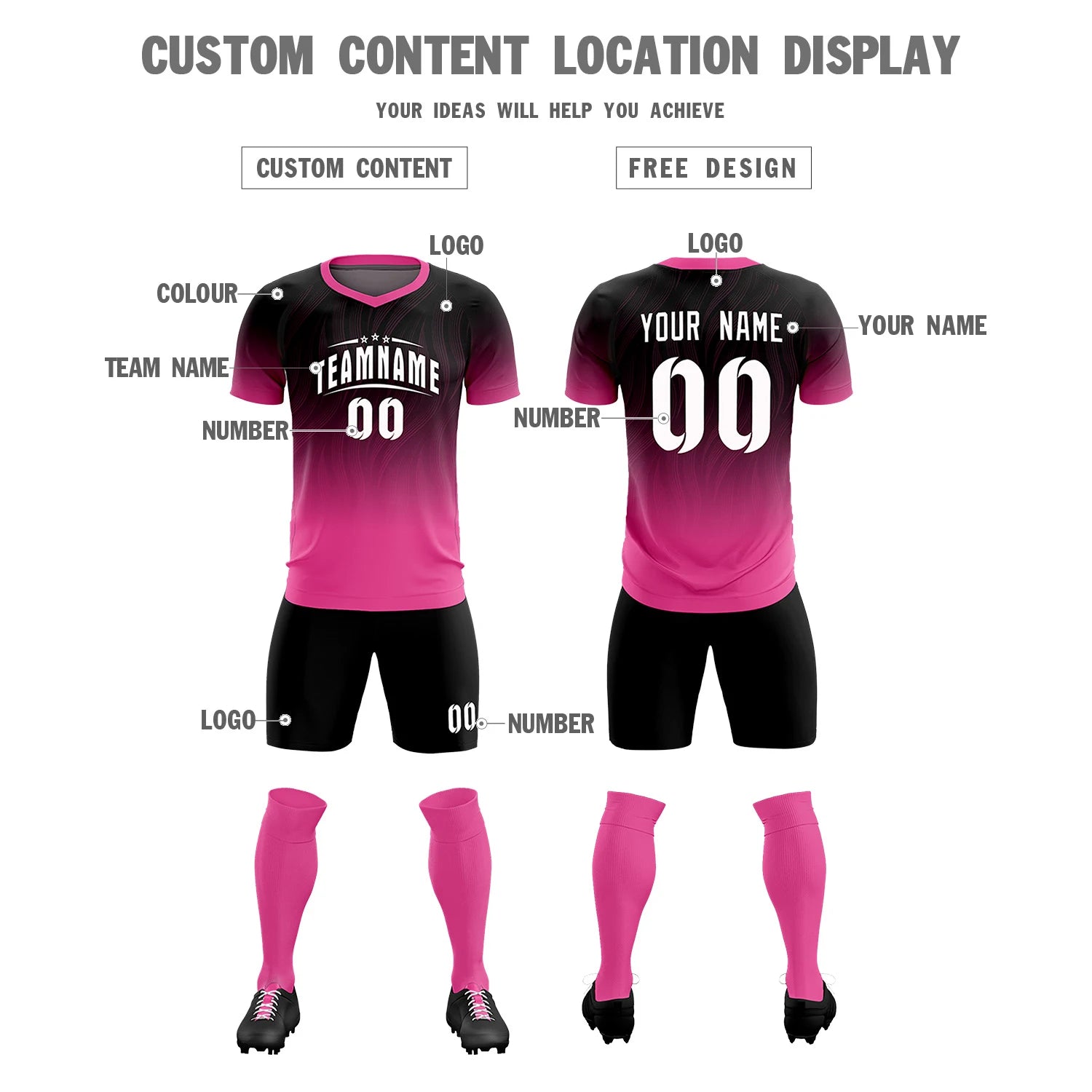 Custom Black Pink Printing Sportswear Soccer Sets Jersey