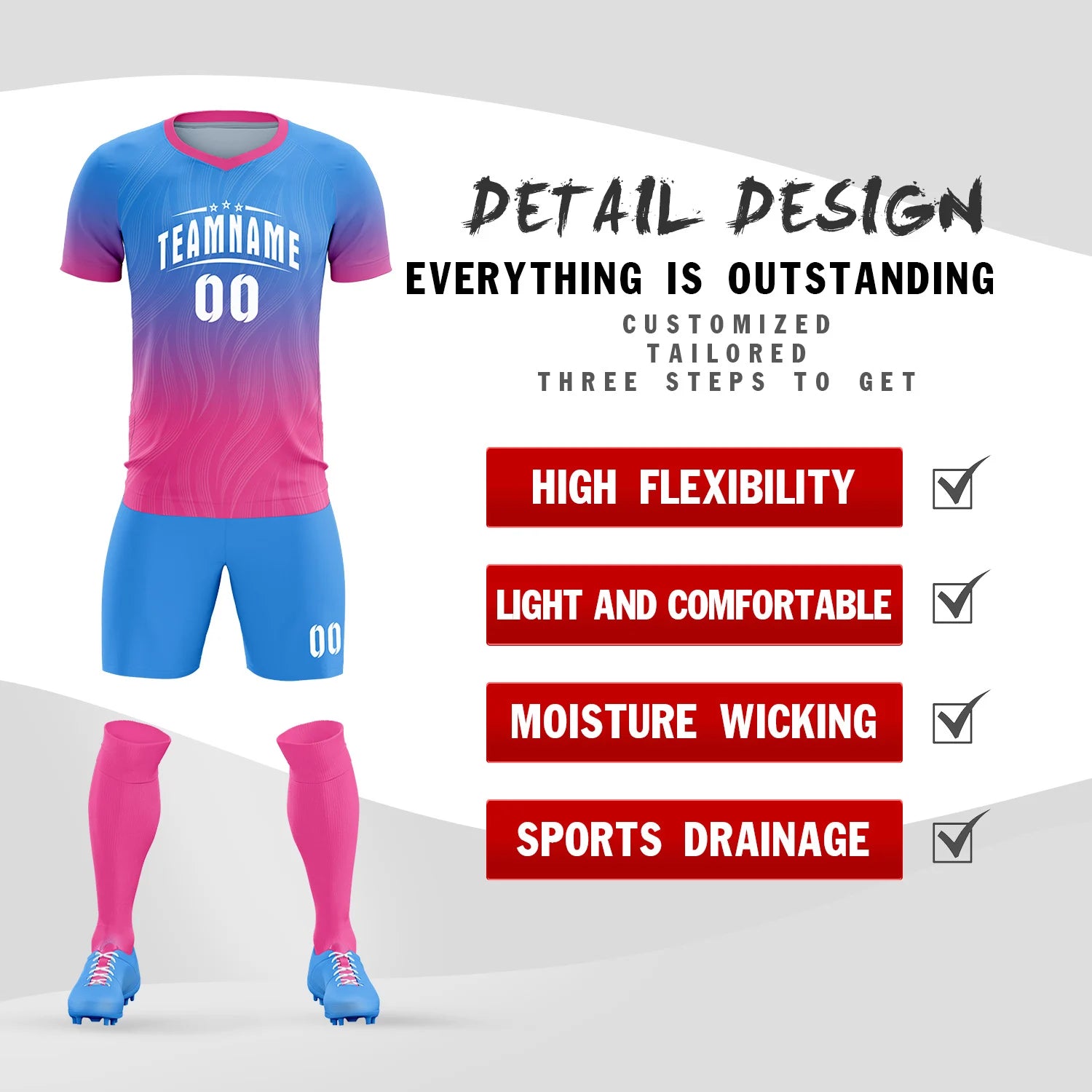 Custom Powder Blue Pink Printing Sportswear Soccer Sets Jersey