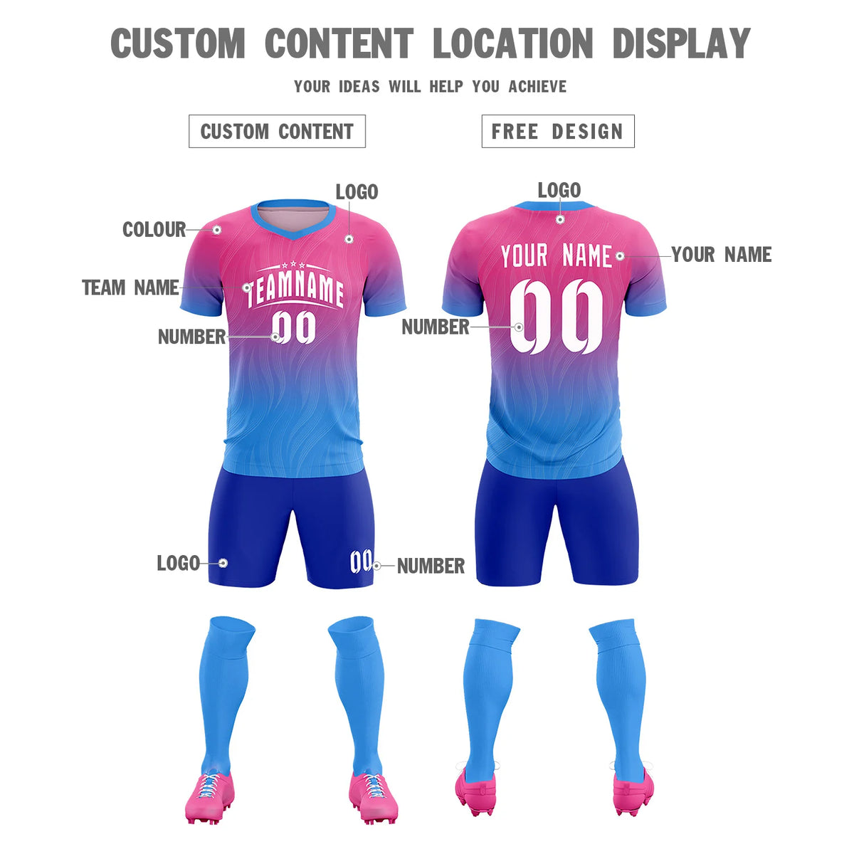 Custom Pink Powder Blue Printing Sportswear Soccer Sets Jersey