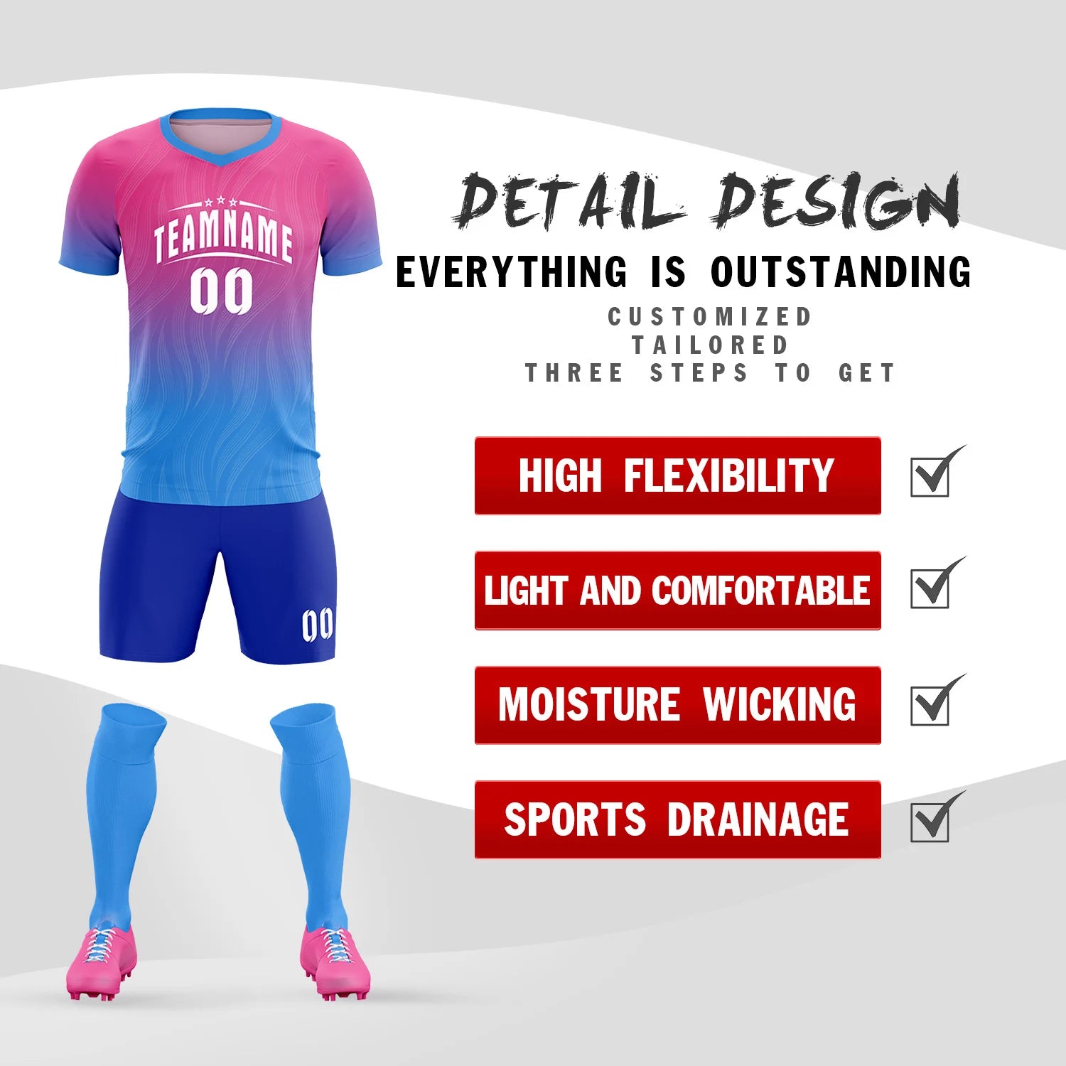 Custom Pink Powder Blue Printing Sportswear Soccer Sets Jersey