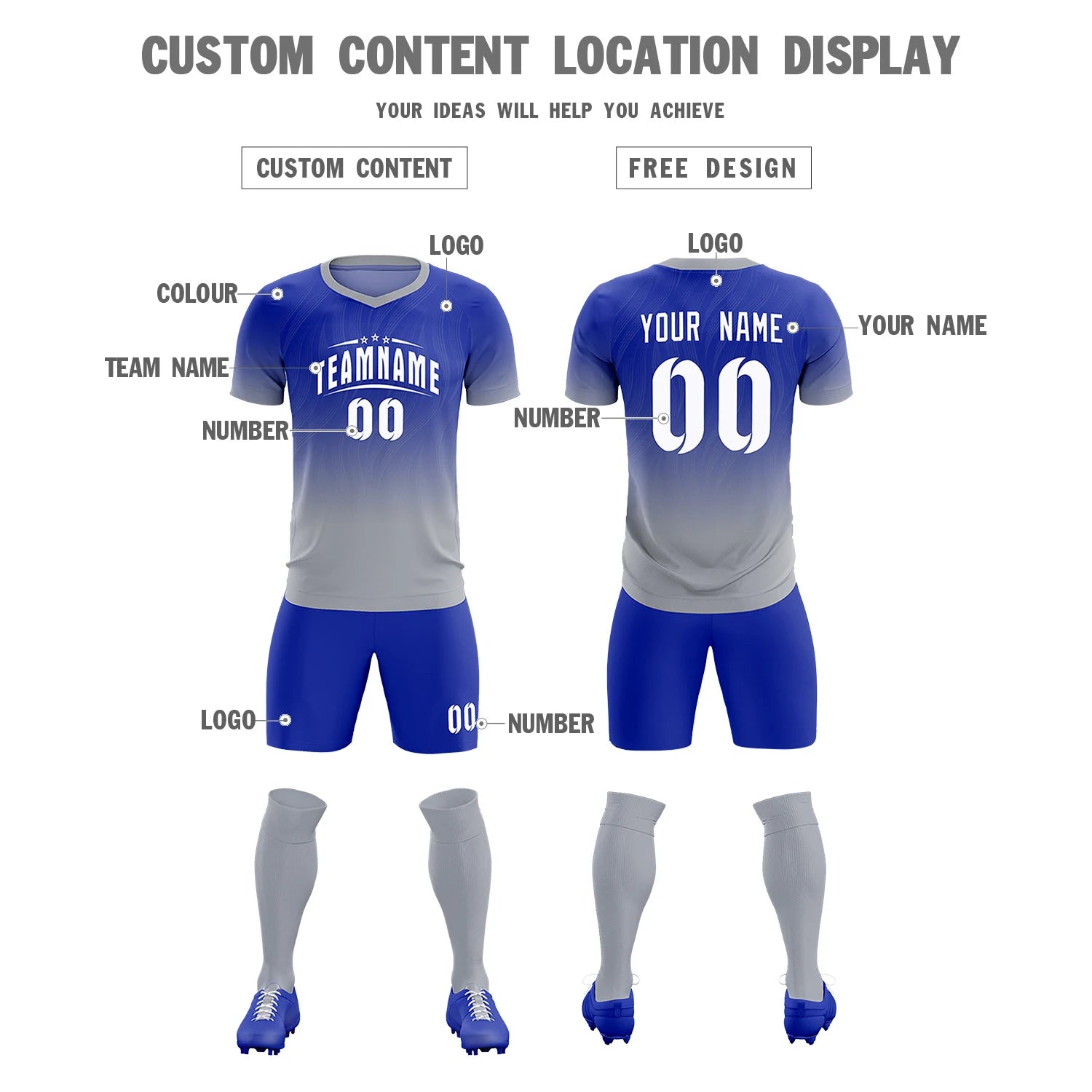 Custom Royal Blue Gray Printing Sportswear Soccer Sets Jersey