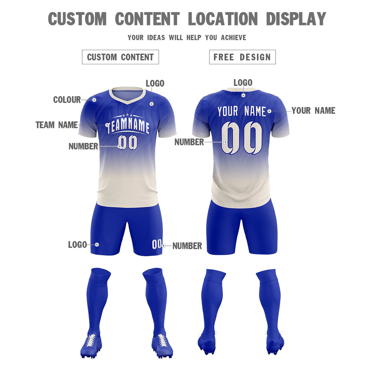 Custom Royal Blue Khaki Printing Sportswear Soccer Sets Jersey