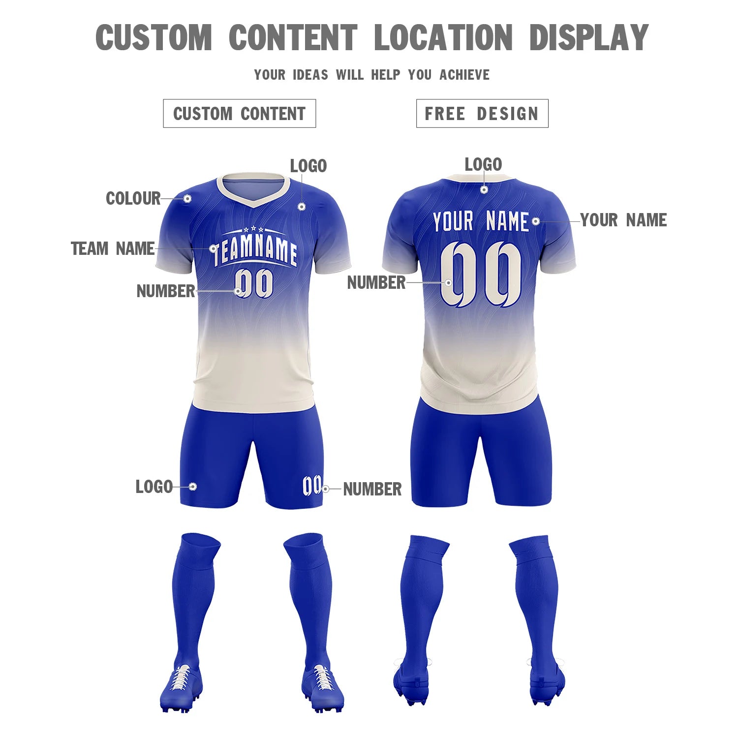 Custom Royal Blue Khaki Printing Sportswear Soccer Sets Jersey