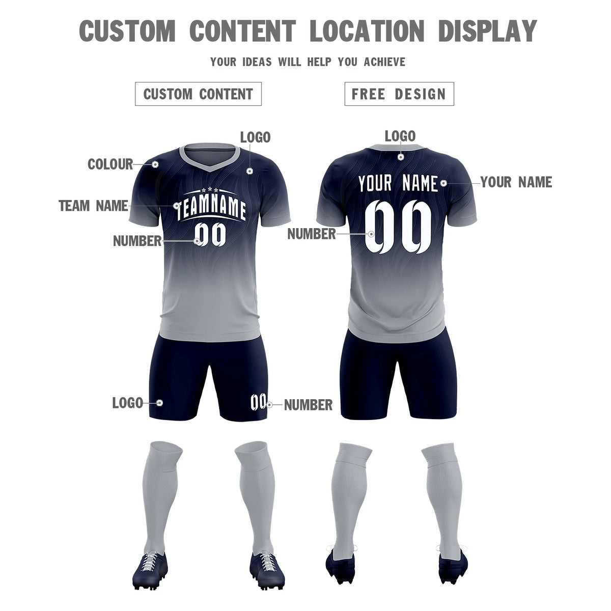 Custom Navy Gray Printing Sportswear Soccer Sets Jersey
