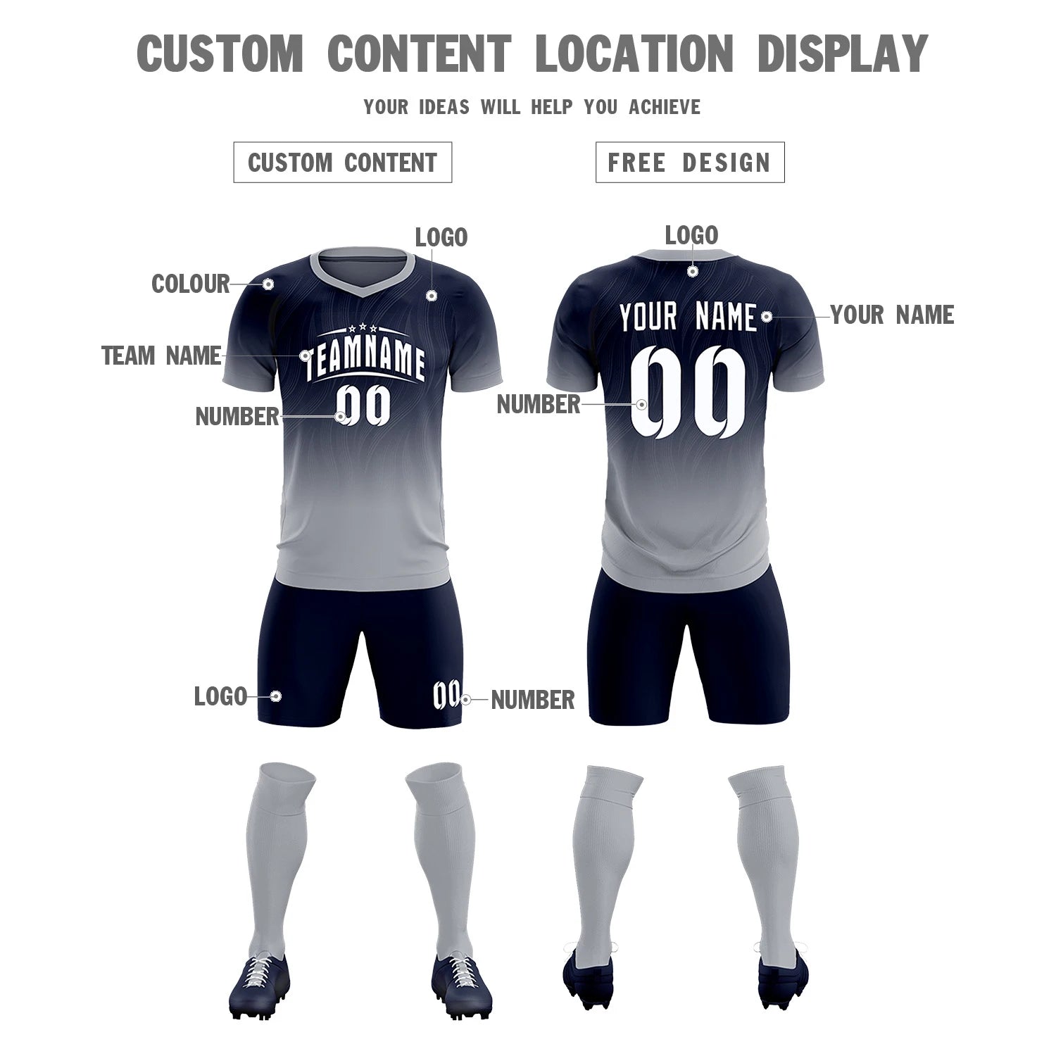 Custom Navy Gray Printing Sportswear Soccer Sets Jersey