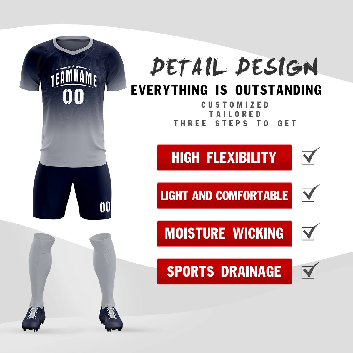 Custom Navy Gray Printing Sportswear Soccer Sets Jersey