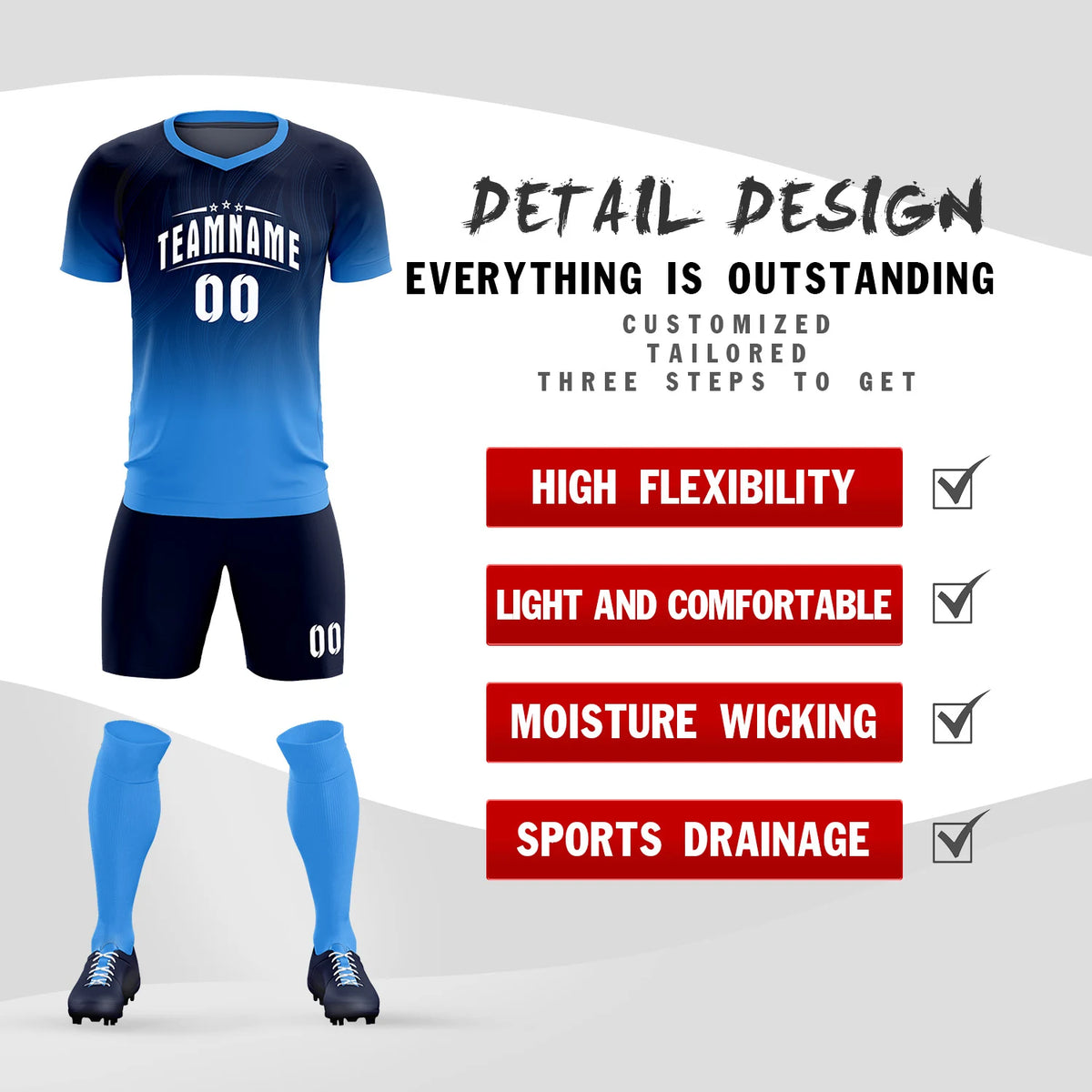 Custom Navy Powder Blue Printing Sportswear Soccer Sets Jersey