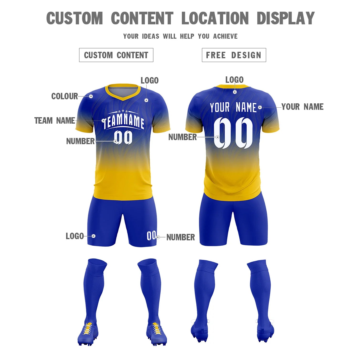Custom Royal Blue Gold01 Printing Sportswear Soccer Sets Jersey
