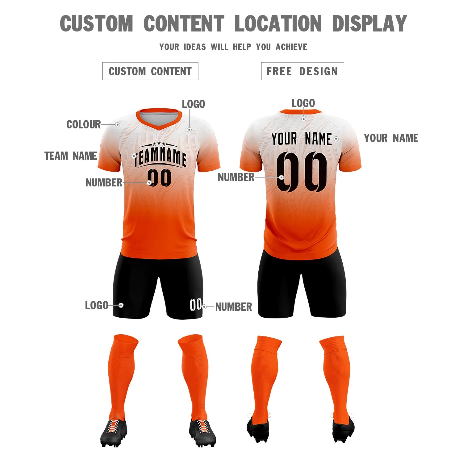 Custom White Orange Printing Sportswear Soccer Sets Jersey