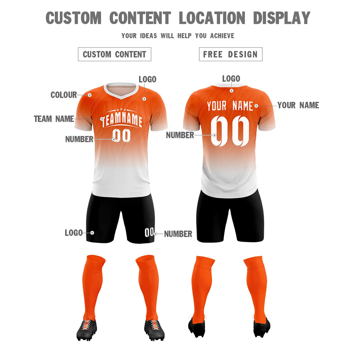 Custom Orange White Printing Sportswear Soccer Sets Jersey