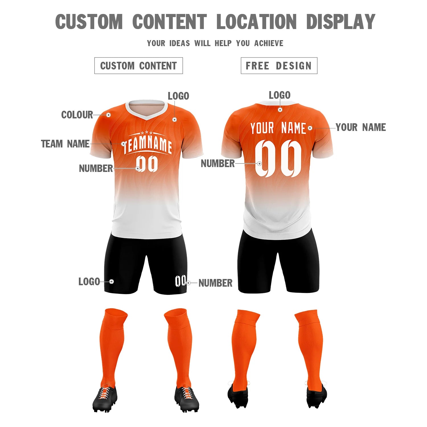 Custom Orange White Printing Sportswear Soccer Sets Jersey