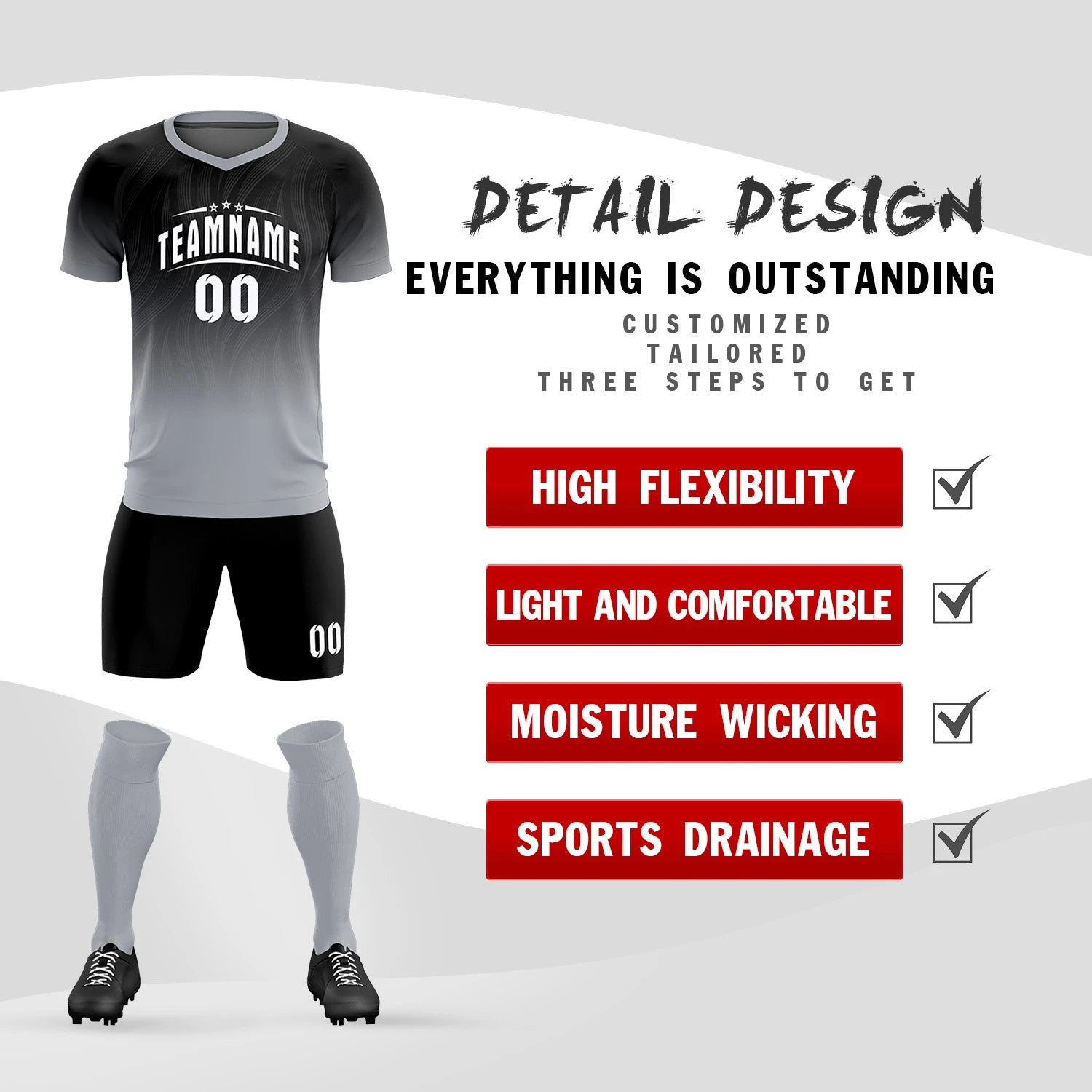 Custom Black Gray Printing Sportswear Soccer Sets Jersey