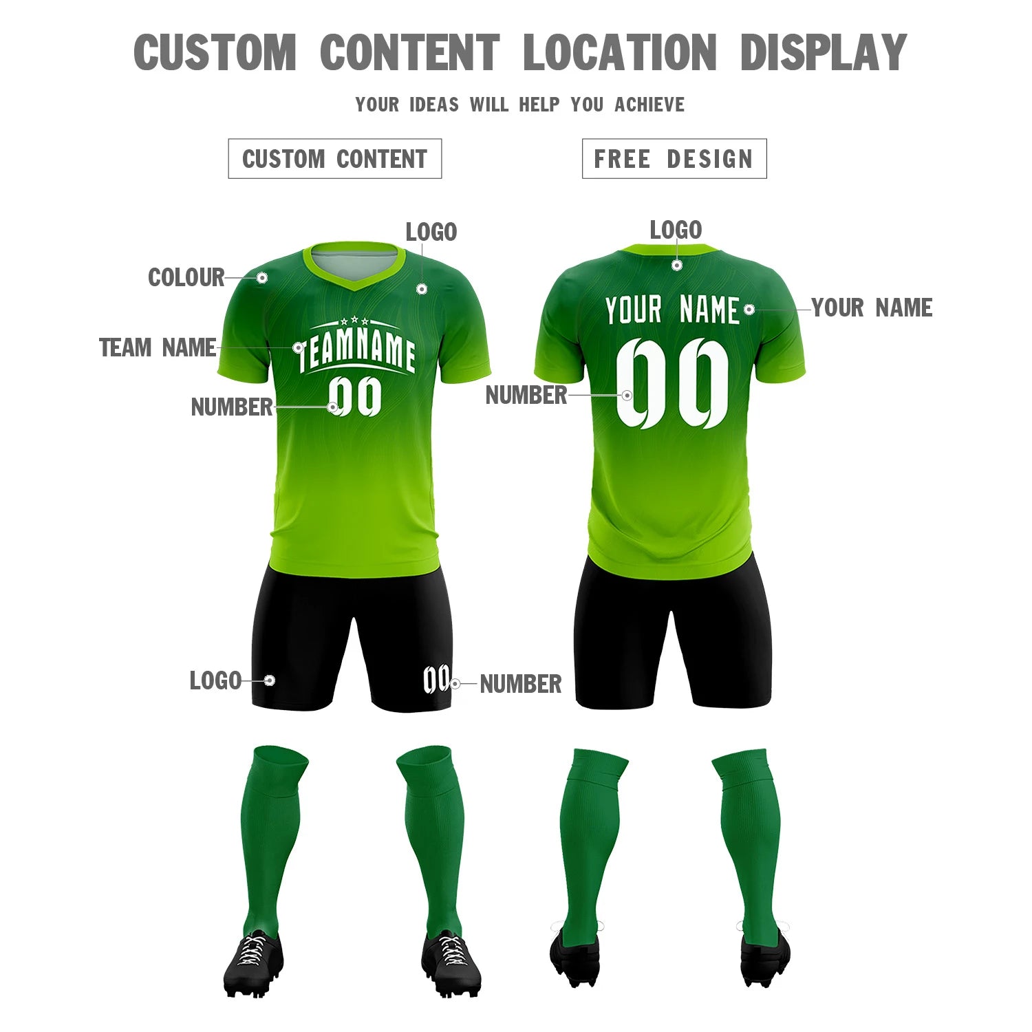 Custom Kelly Green Neon Green Printing Sportswear Soccer Sets Jersey