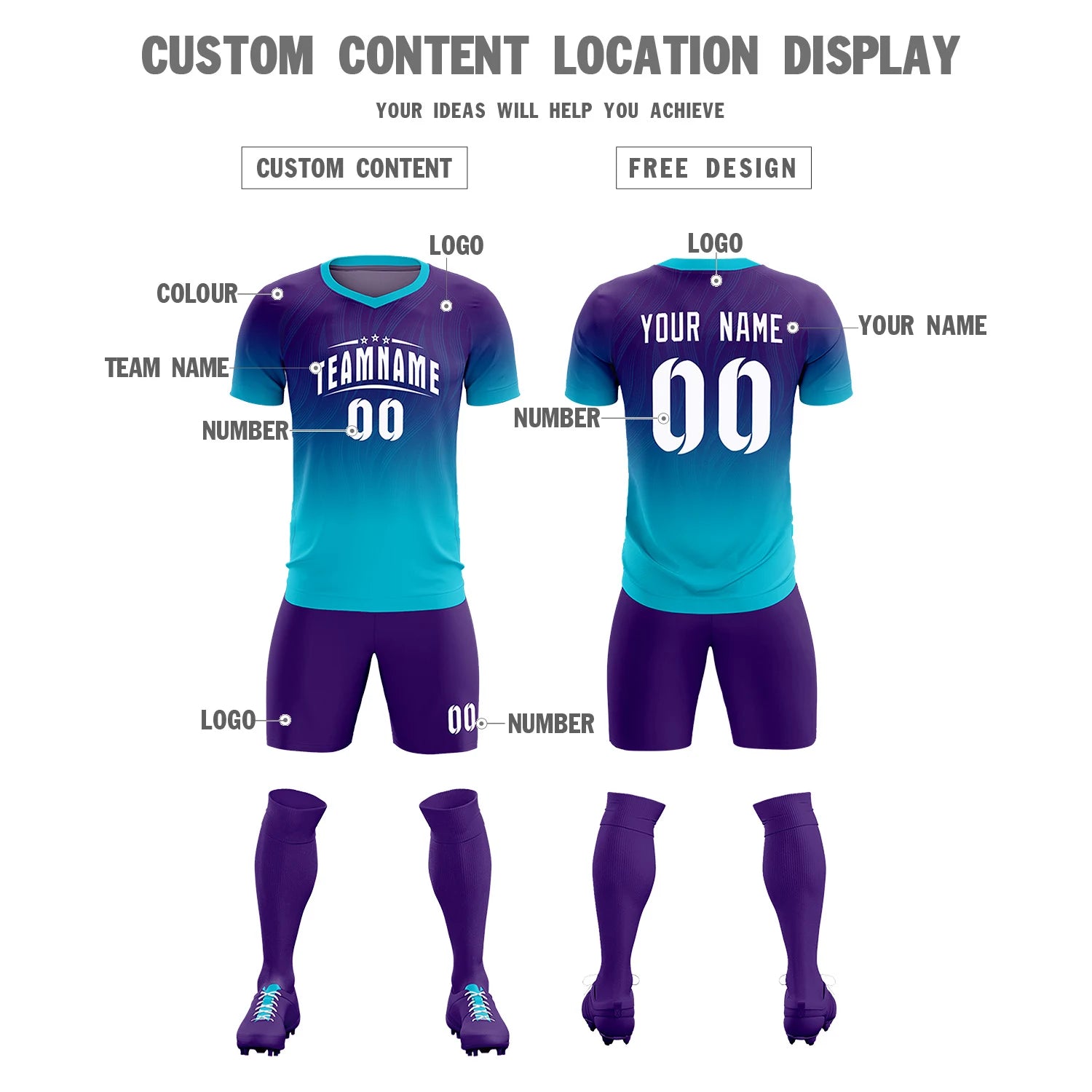 Custom Purple Sky Blue Printing Sportswear Soccer Sets Jersey