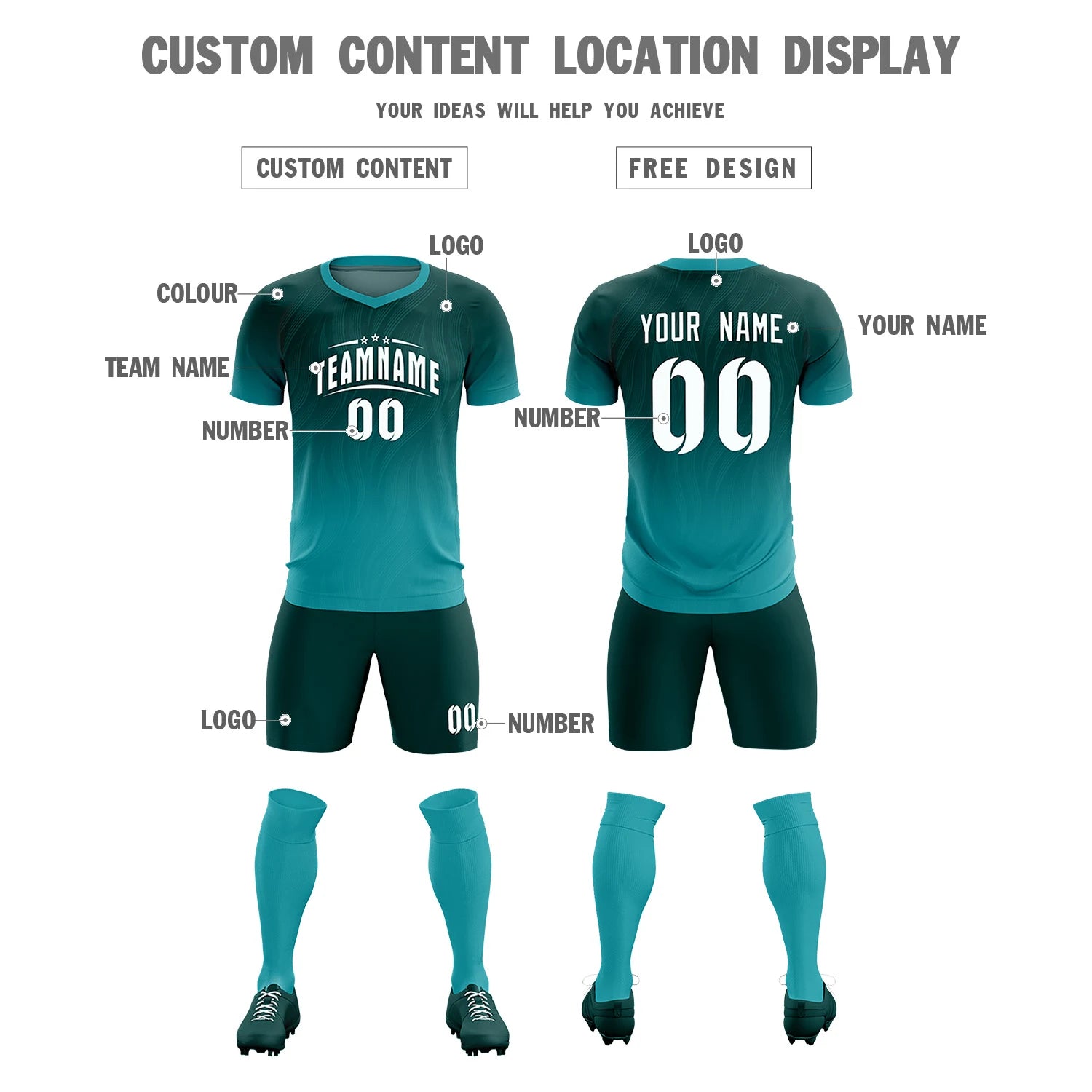 Custom Midnight Green Aqua Printing Sportswear Soccer Sets Jersey