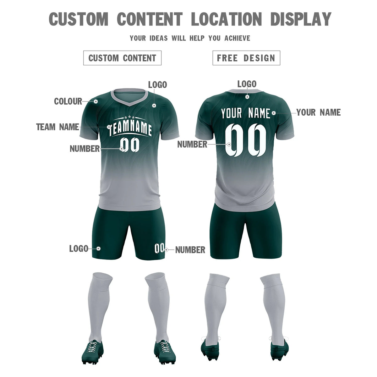 Custom Midnight Green Gray Printing Sportswear Soccer Sets Jersey