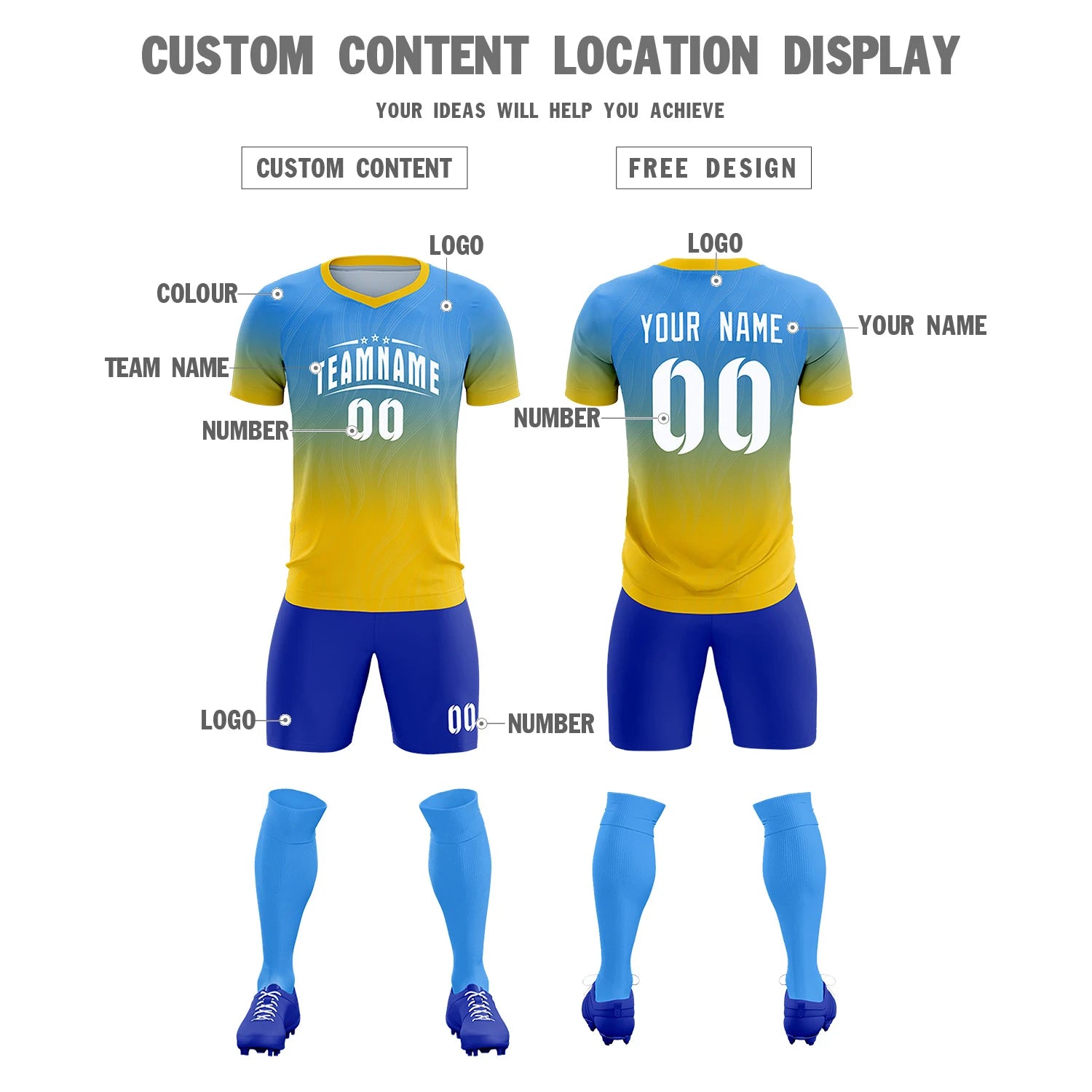 Custom Powder Blue Gold01 Printing Sportswear Soccer Sets Jersey