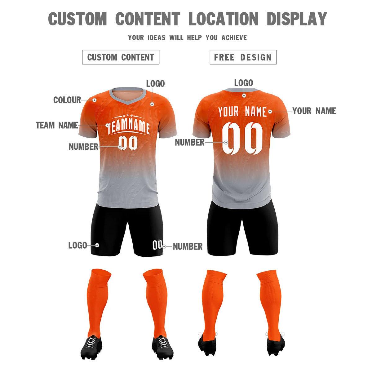 Custom Orange Gray Printing Sportswear Soccer Sets Jersey