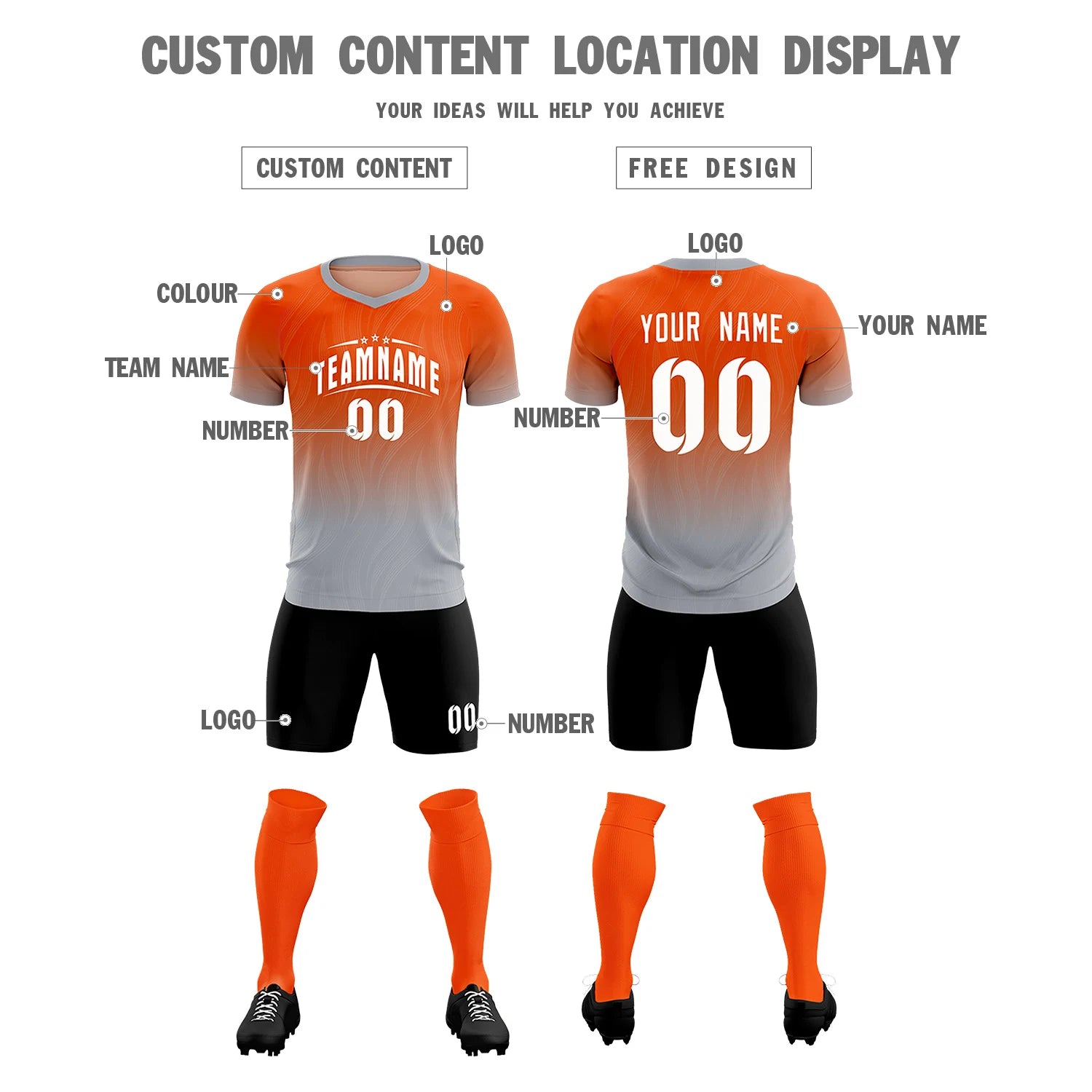 Custom Orange Gray Printing Sportswear Soccer Sets Jersey