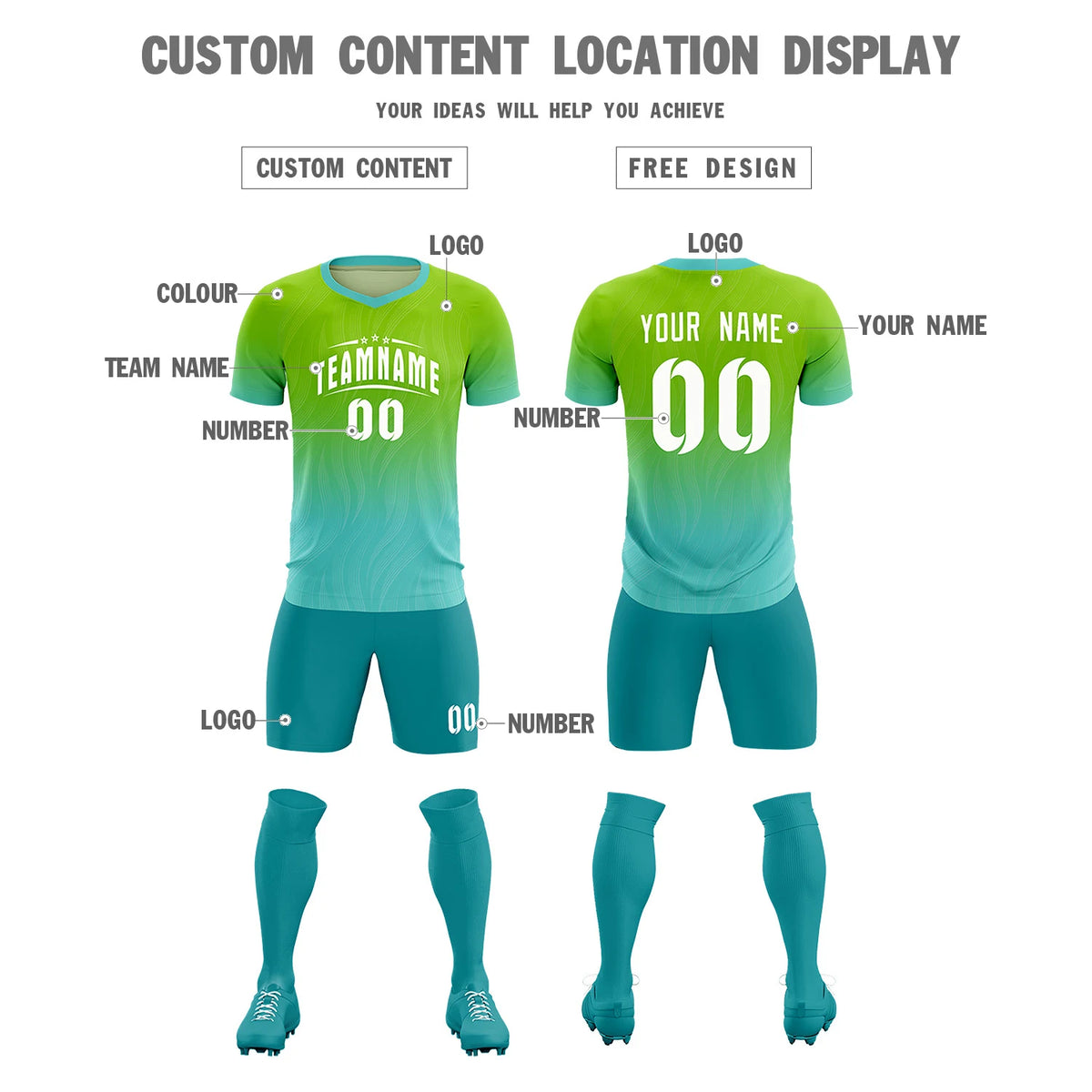 Custom Neon Green Aqua Printing Sportswear Soccer Sets Jersey