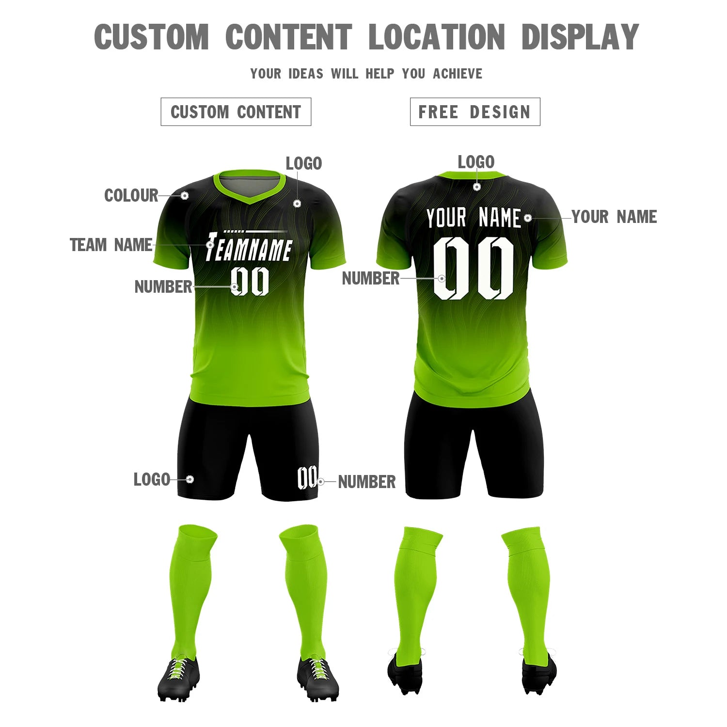 Custom Black Neon Green Printing Sportswear Soccer Sets Jersey