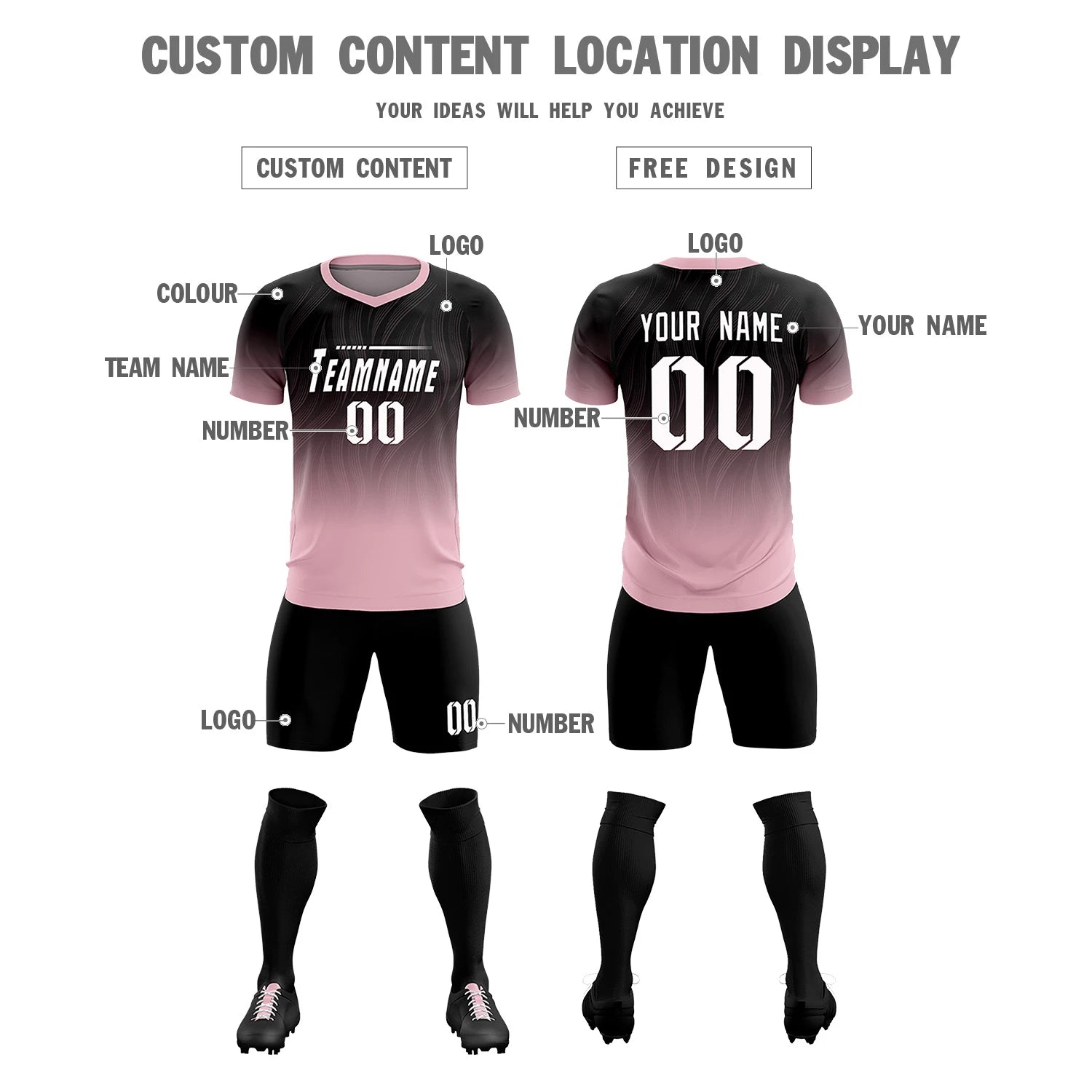 Custom Black Light Pink Printing Sportswear Soccer Sets Jersey