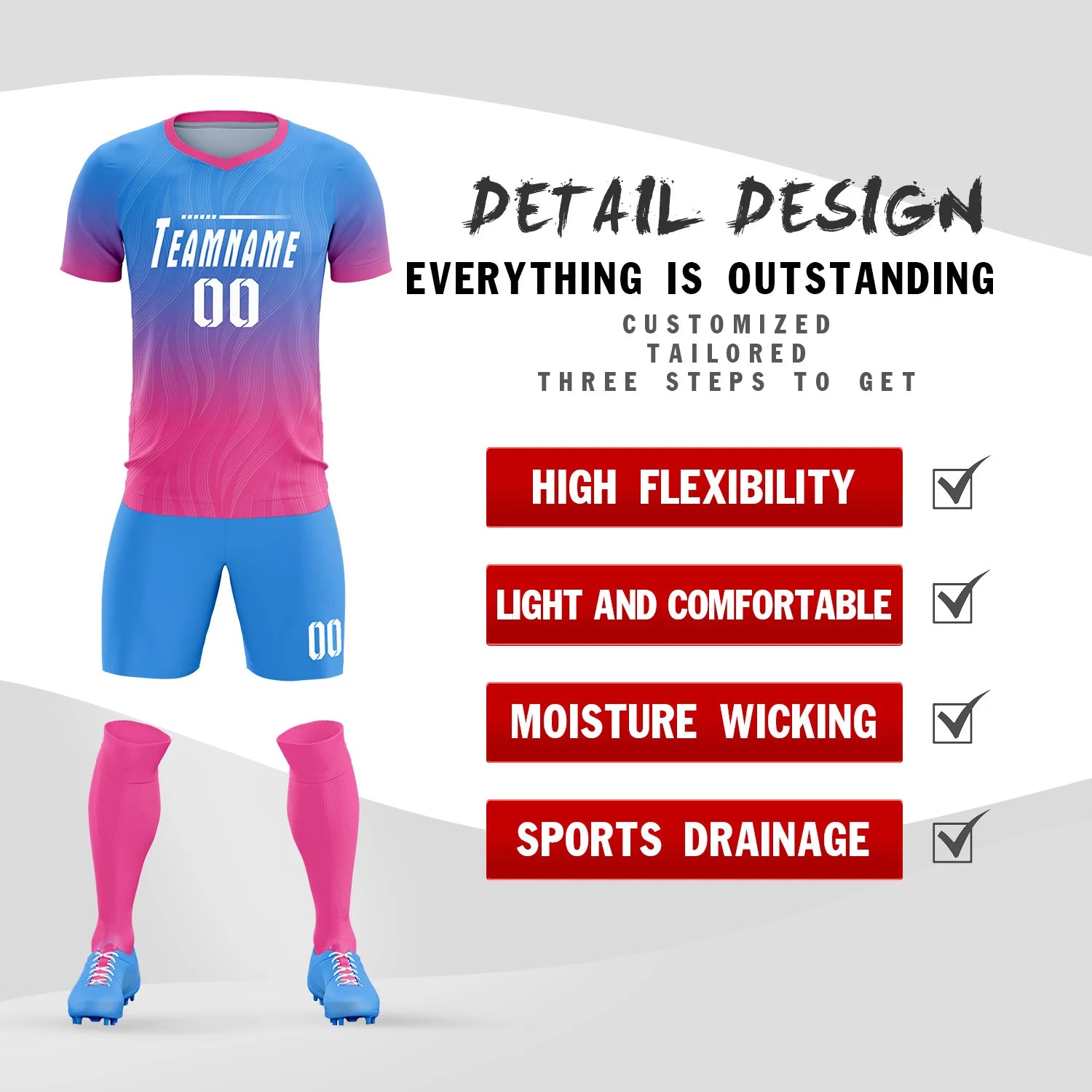 Custom Powder Blue Pink Printing Sportswear Soccer Sets Jersey