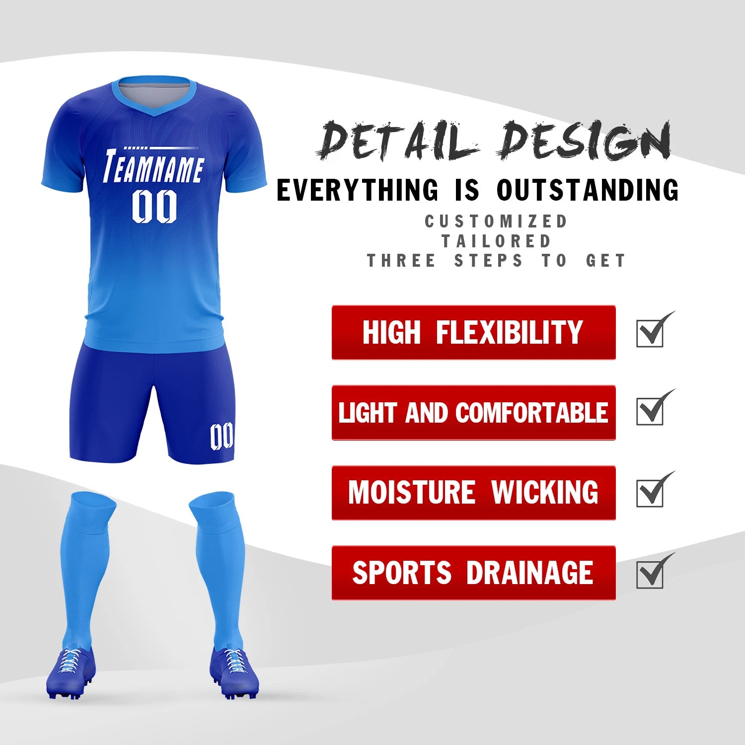 Custom Royal Blue Powder Blue Printing Sportswear Soccer Sets Jersey