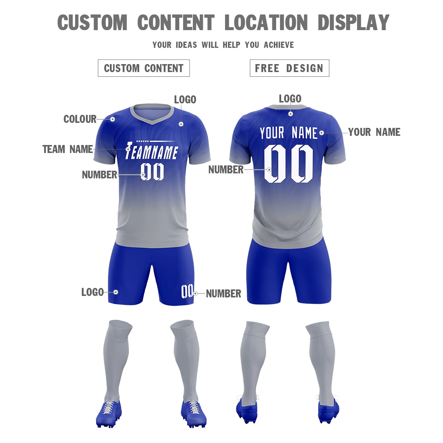 Custom Royal Blue Gray Printing Sportswear Soccer Sets Jersey