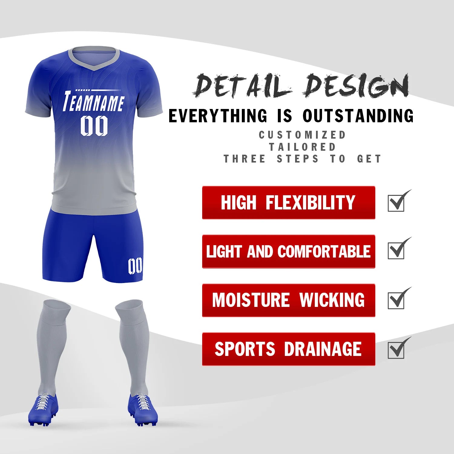 Custom Royal Blue Gray Printing Sportswear Soccer Sets Jersey