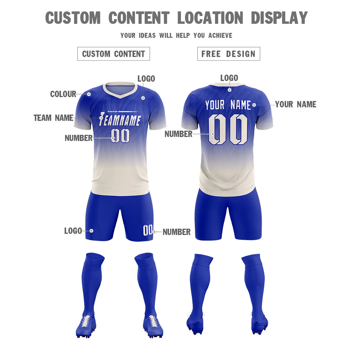 Custom Royal Blue Khaki Printing Sportswear Soccer Sets Jersey