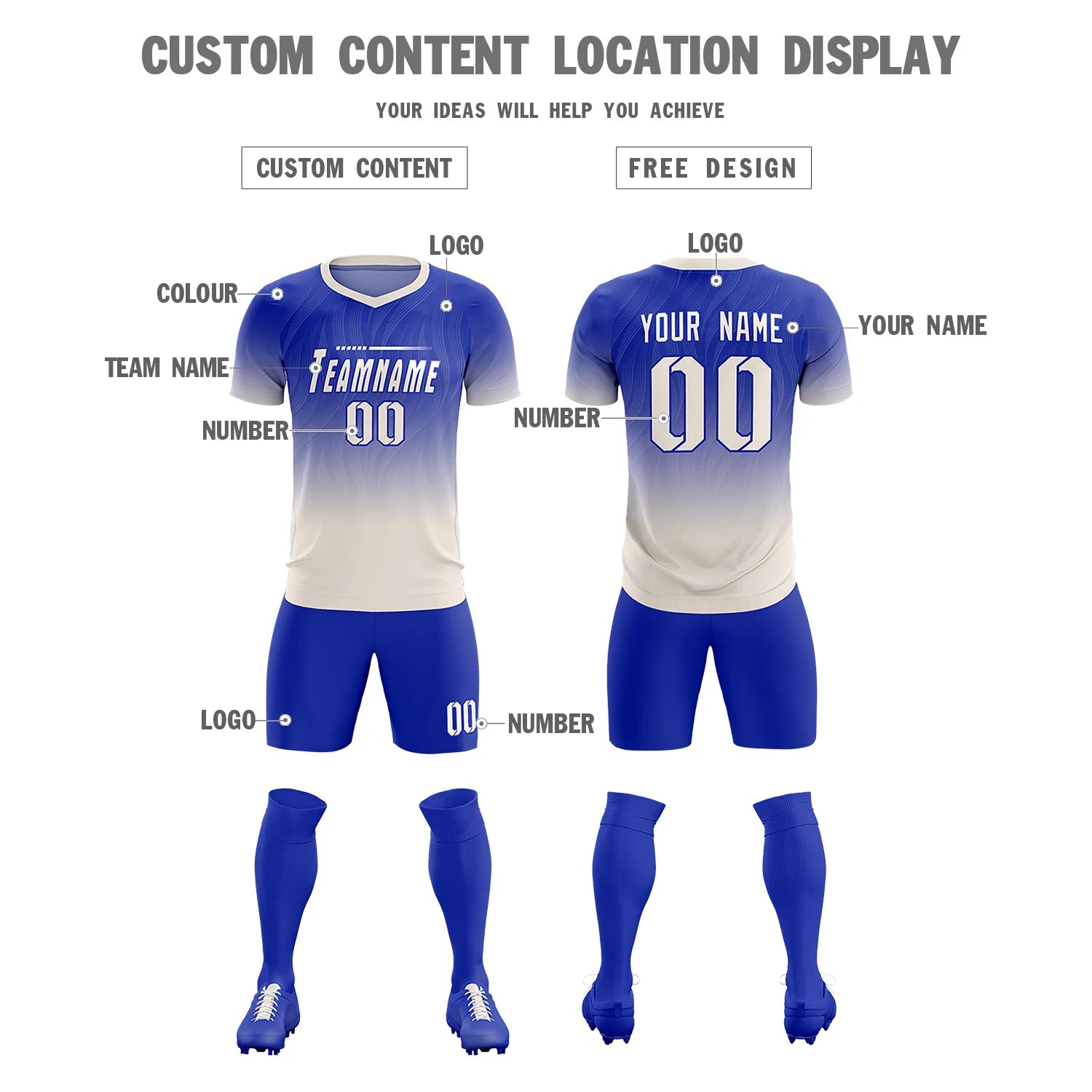 Custom Royal Blue Khaki Printing Sportswear Soccer Sets Jersey