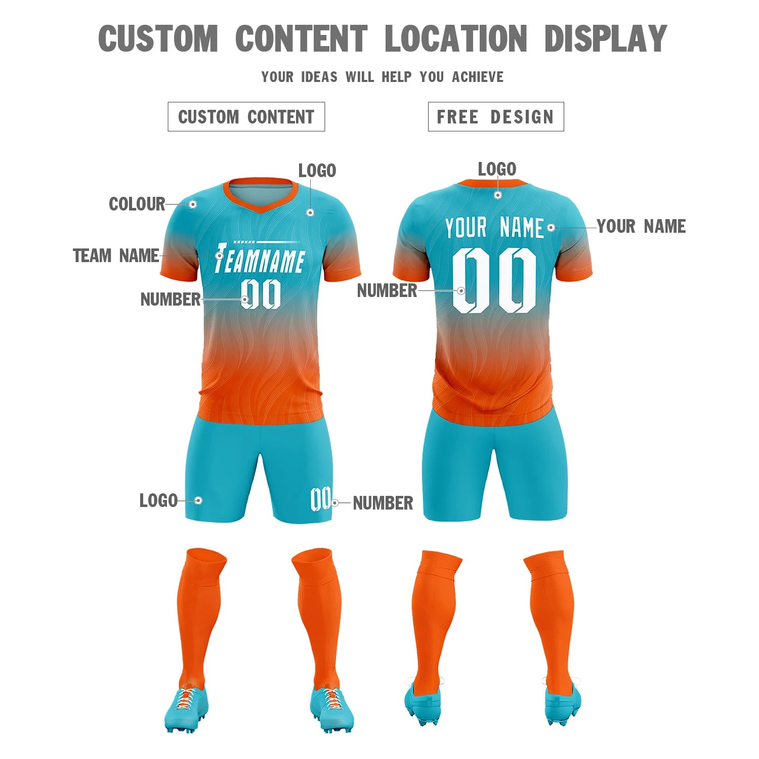 Custom SKy Blue Orange Printing Sportswear Soccer Sets Jersey